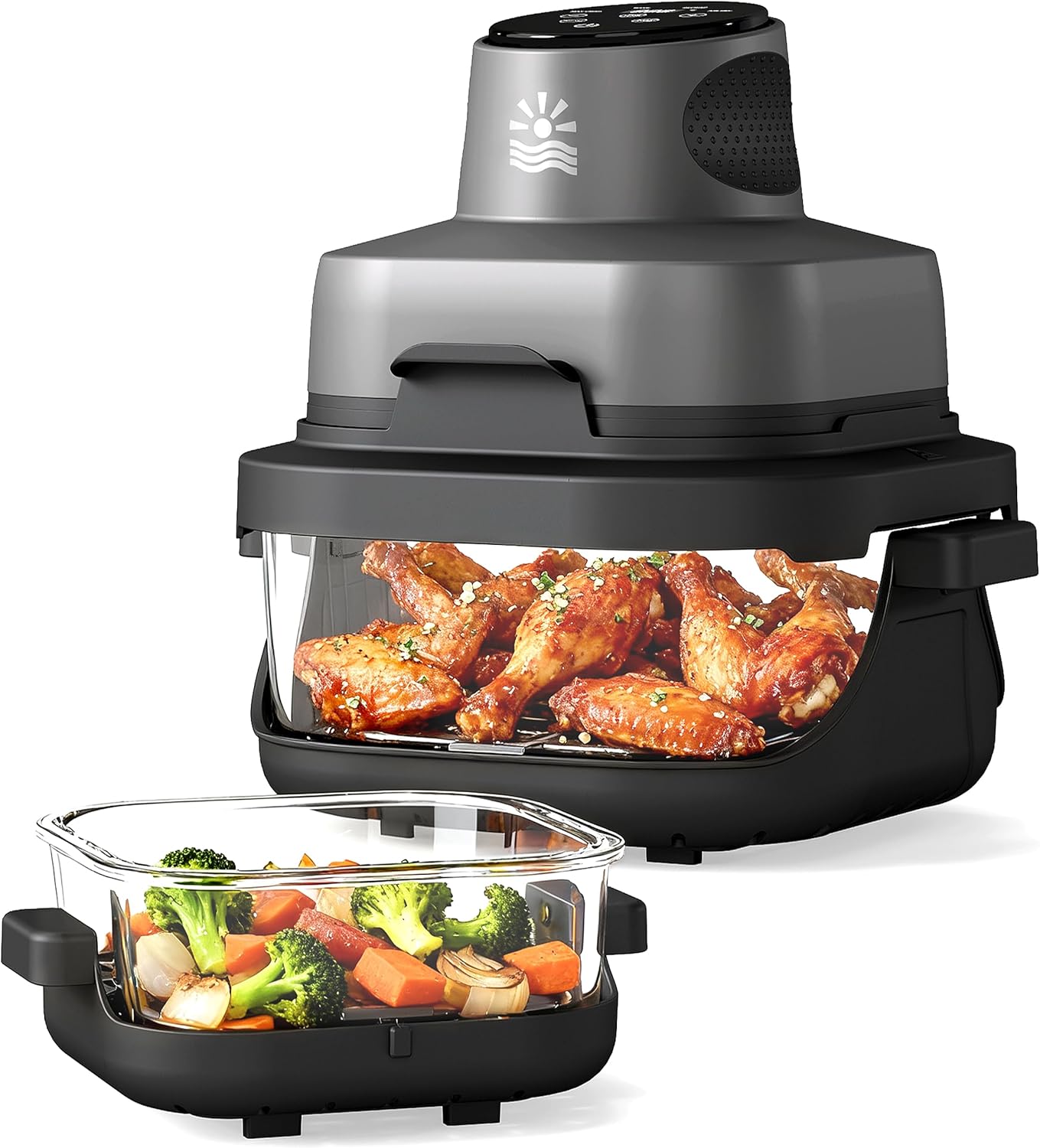 4-in-1 Portable Glass Air Fryer-1500W 4.2QT-1.6QT Dual Pots-Non-Toxic-Multi-Cook-Easy Clean