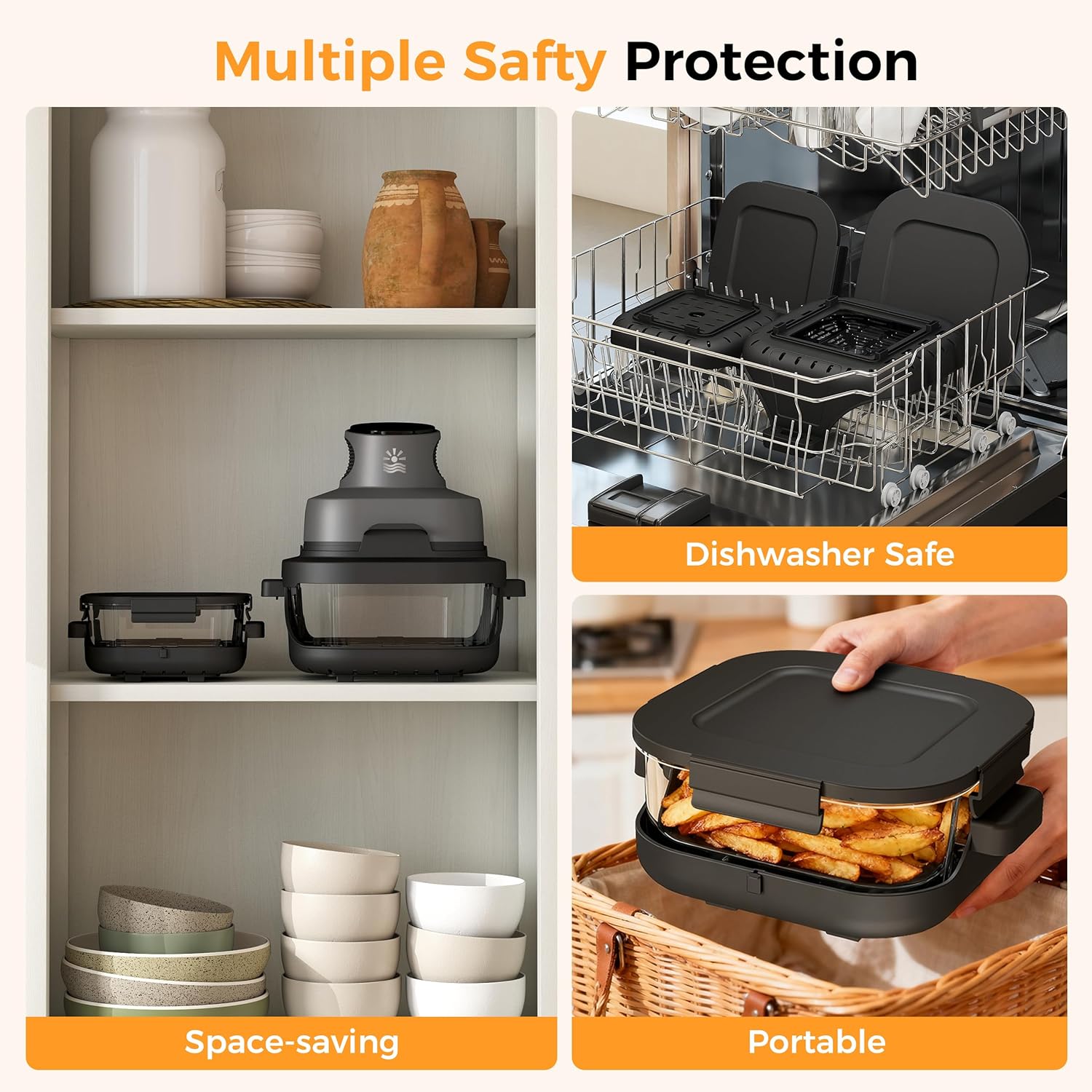 4-in-1 Portable Glass Air Fryer - 1500W, 400°F Precise Heat, 4.2QT & 1.6QT Dual Glass Containers and Lids, Non-Toxic, Max Crisp/Bake/Air Fry/Recrisp,Microwave, Freezer & Dishwasher Safe