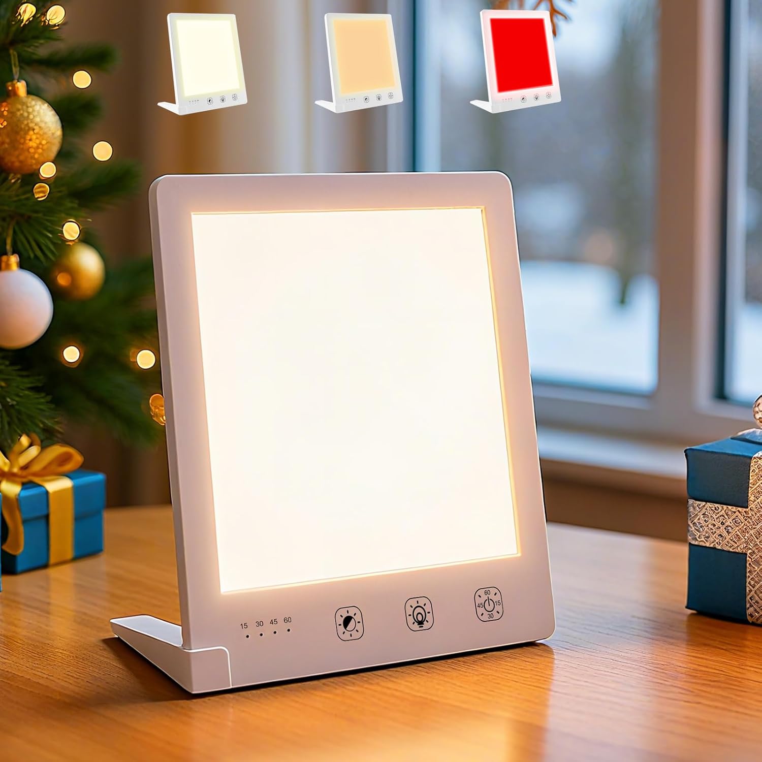 Sun Light Therapy Lamp with Red Light - 10000 Lux LED Sun Light Therapy Lamp for Face, Improving Mood, Energy, Sleep & Skin Care, with 4 Light Modes & 5 Brightness Levels, Timer, UV-Free