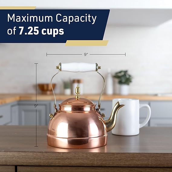 Classic Cuisine Copper Tea Kettle - Teapot for Stovetop with Copper Exterior, Nickel Lining, and Ceramic Handle - 7.25C/1.8Q Vintage-Style Kettle - Perfect for Tea, Coffee, or Cooking