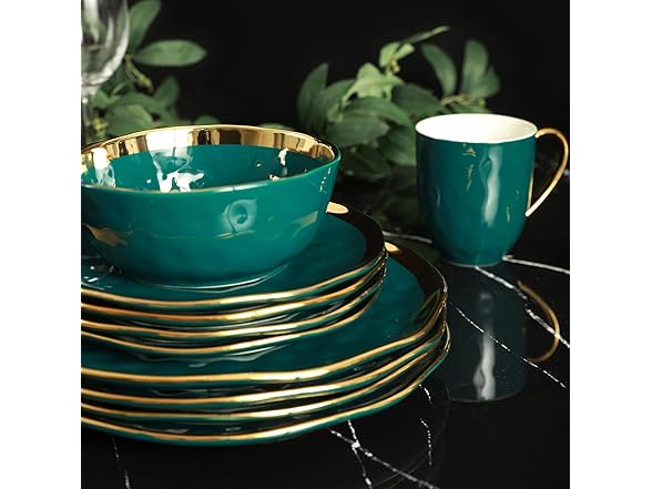 Stone Lain Florian Modern Porcelain 16 Piece Dinnerware Set, Plates and Bowls Set, Dish set for 4, Green and Golden Rim