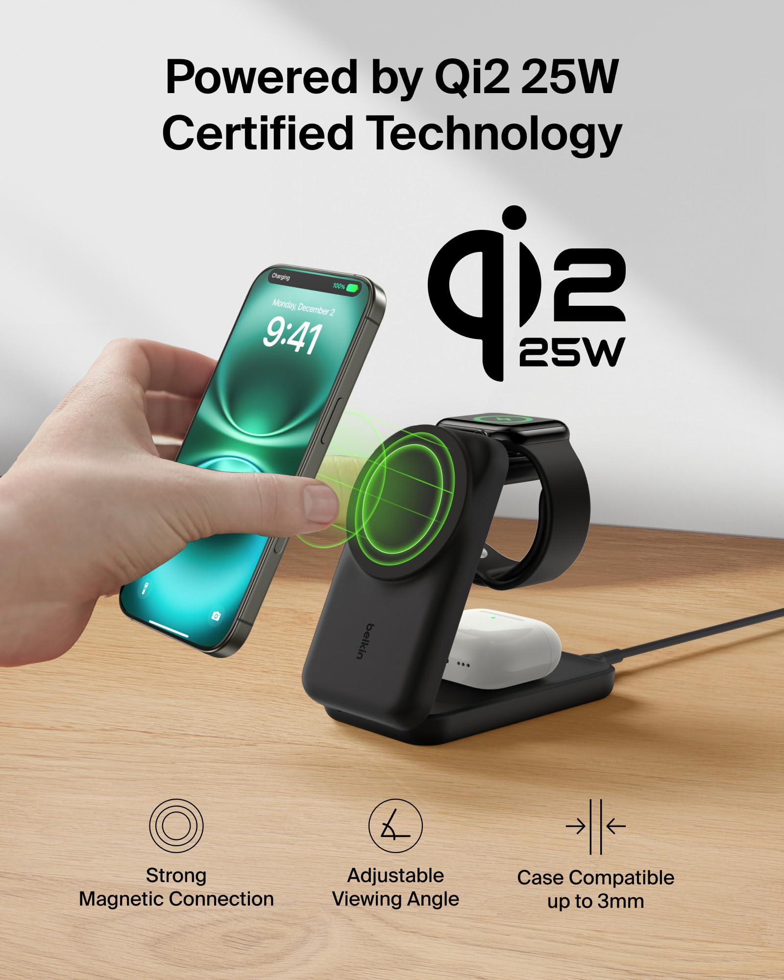 25W Fast Wireless Charger Stand for Apple MagSafe Charger, 3 in 1 Charging Station with TEC Cooling, Magnetic Wireless Charger for iPhone17/16/15/14/13/12, Apple Watch, AirPods, Gifts for Men