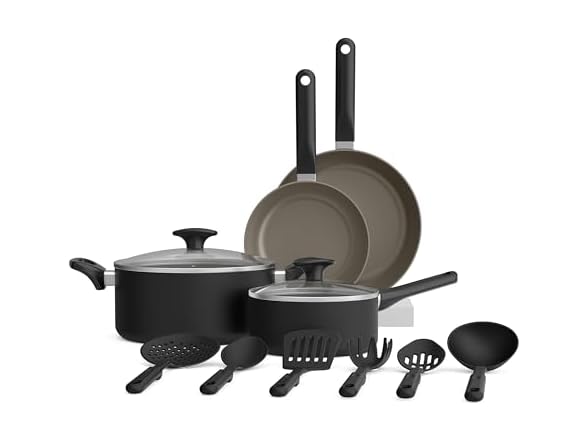 bella 12 Piece Cookware Set with EverGood™ Ceramic Nonstick Coating​, Dishwasher & Oven Safe, All Stovetops Compatible, Tempered Glass Lids and Cool Touch Handles, Black