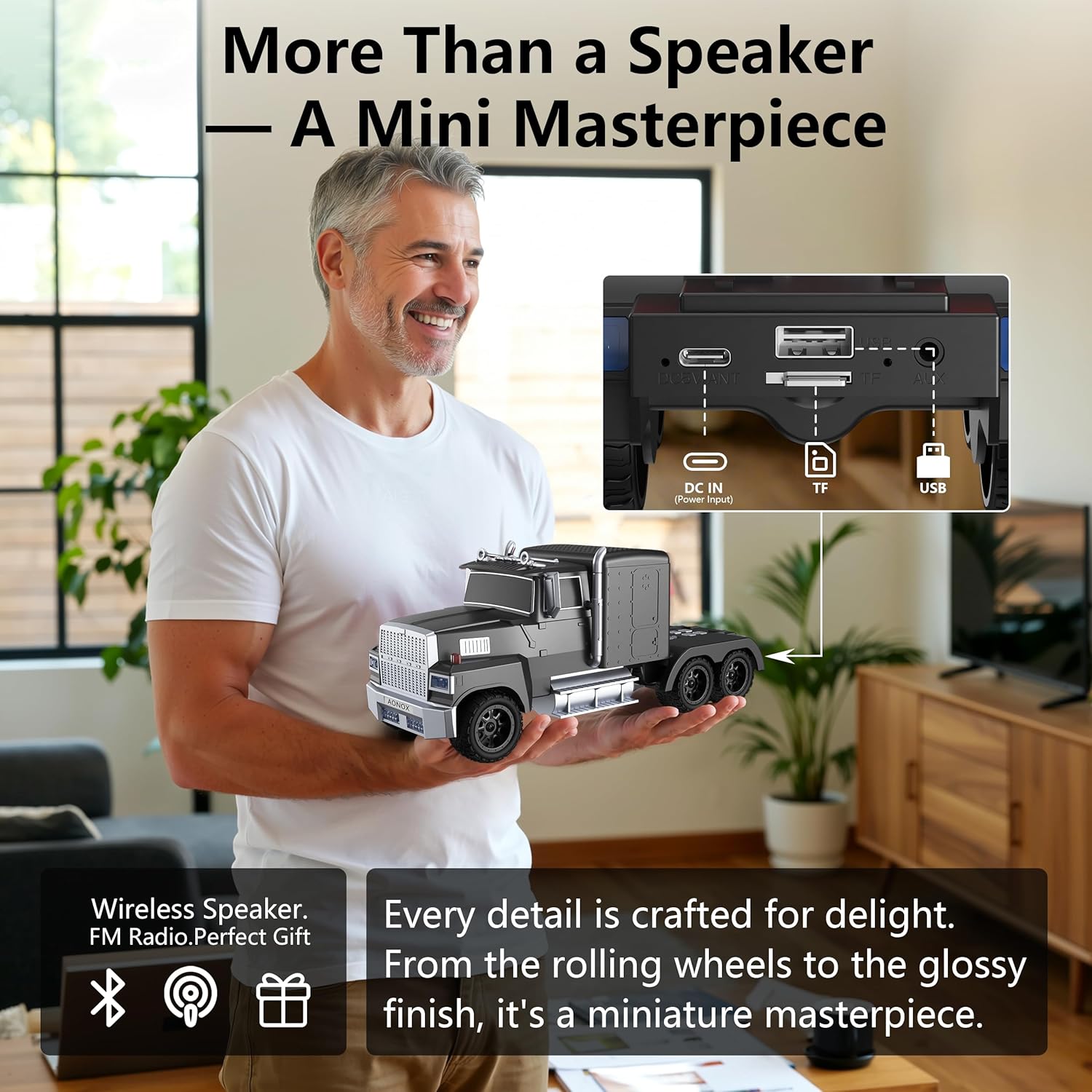Cybertruck Bluetooth Speaker, Mini Bluetooth Car Speaker with LED Lights, FM Radio, USB TF Card, TWS Stereo Sound, for Desk Gaming Outdoor, Gift for Car Lovers