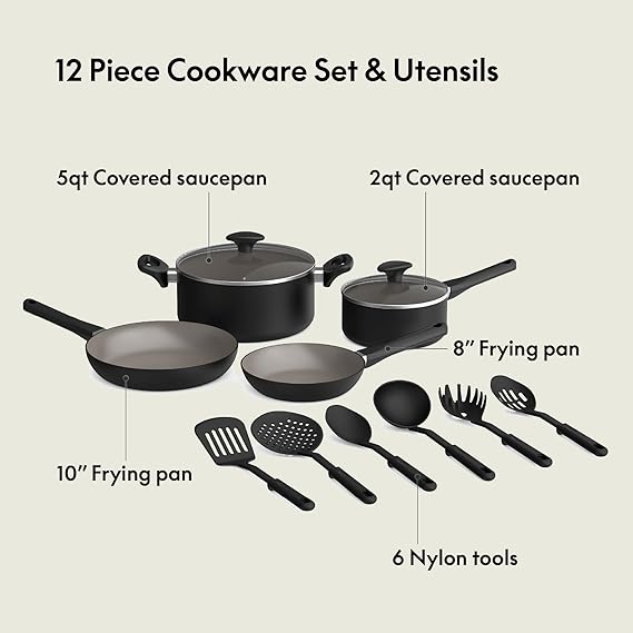 bella 12 Piece Cookware Set with EverGood™ Ceramic Nonstick Coating​, Dishwasher & Oven Safe, All Stovetops Compatible, Tempered Glass Lids and Cool Touch Handles, Black