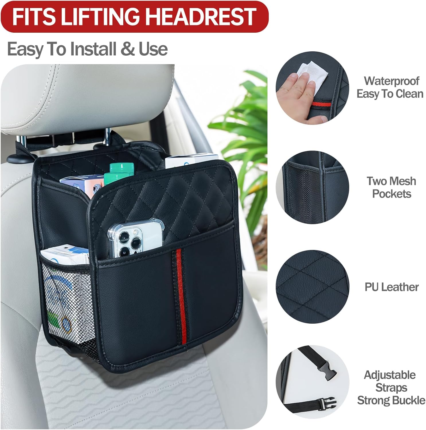 Car Seat Back Organizer, 1 Pack Multifunctional car organizers and storage with Cup Holders, Car Trash Can, Back of Seat Car Organizer for Kids & Adults, Universal for Most Cars, Black