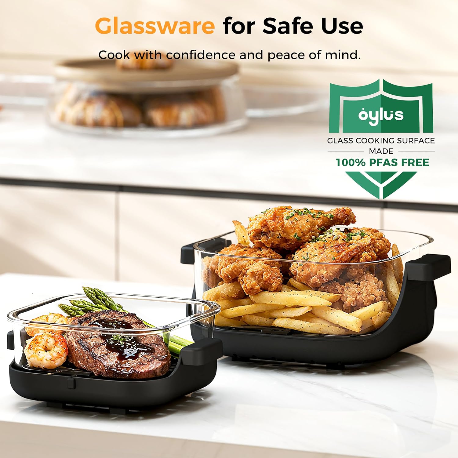 4-in-1 Portable Glass Air Fryer - 1500W, 400°F Precise Heat, 4.2QT & 1.6QT Dual Glass Containers and Lids, Non-Toxic, Max Crisp/Bake/Air Fry/Recrisp,Microwave, Freezer & Dishwasher Safe