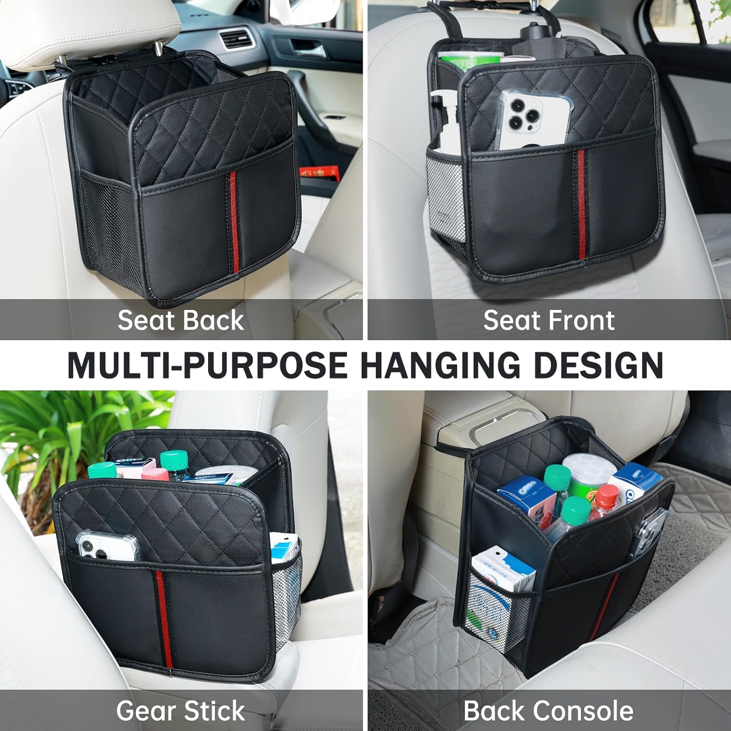 Car Seat Back Organizer, 1 Pack Multifunctional car organizers and storage with Cup Holders, Car Trash Can, Back of Seat Car Organizer for Kids & Adults, Universal for Most Cars, Black