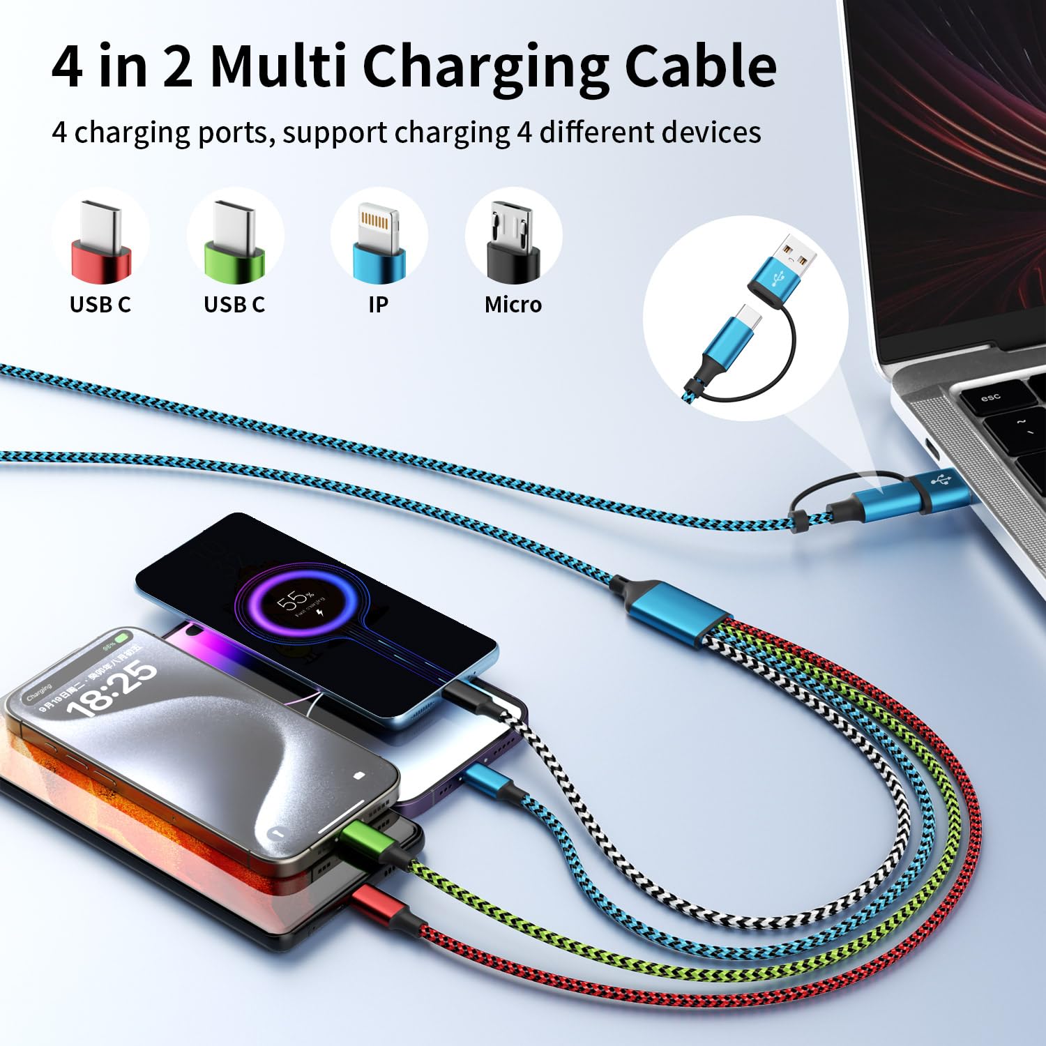 Multi Charging Cable 4ft 2Pack, Doub Tyep-C 4 in 1 Charging cable Nylon Braided Lightning iPhone Charger,Universal Charger Phone Cord With Type-C,Micro USB,IP Port for iPhone17-5/Android -Multicolor