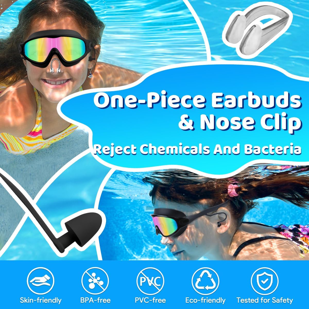 Vvinca Swim Goggles, Kids Goggles with Earplugs&amp; Nose Clip Wide View Anti-Fog/UV Swimming Goggles for Age 3-15 Boys Girls