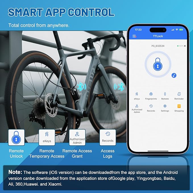 APECYC Smart Fingerprint Bike U Lock Bluetooth Heavy Duty Anti-Theft with 120 cm Steel Cable, USB Rechargeable Bicycle Lock Security Biometric App Control for Bike, Scooter, Motorcycle, E-Bike