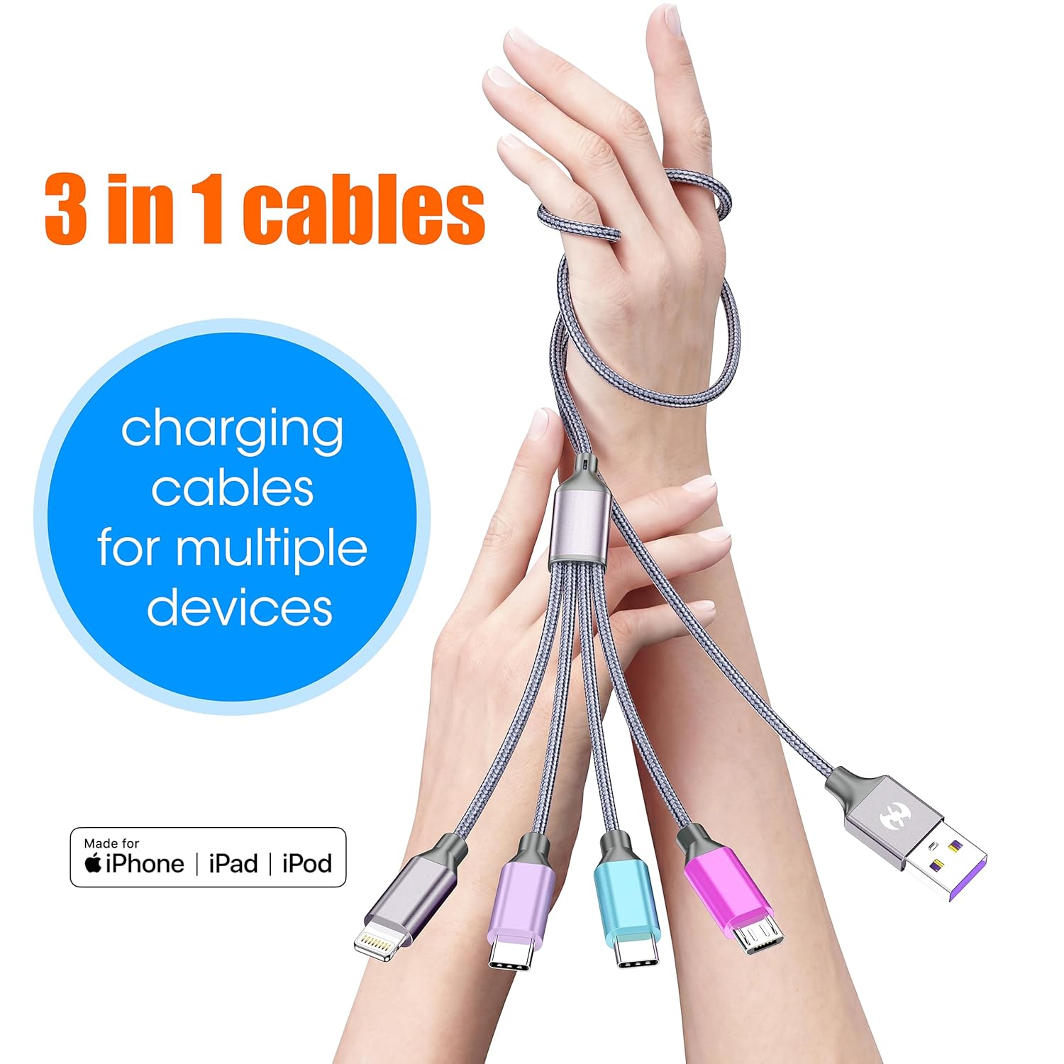 Multi Charging Cable 4ft 2Pack, Doub Tyep-C 4 in 1 Charging cable Nylon Braided Lightning iPhone Charger,Universal Charger Phone Cord With Type-C,Micro USB,IP Port for iPhone17-5/Android -Multicolor