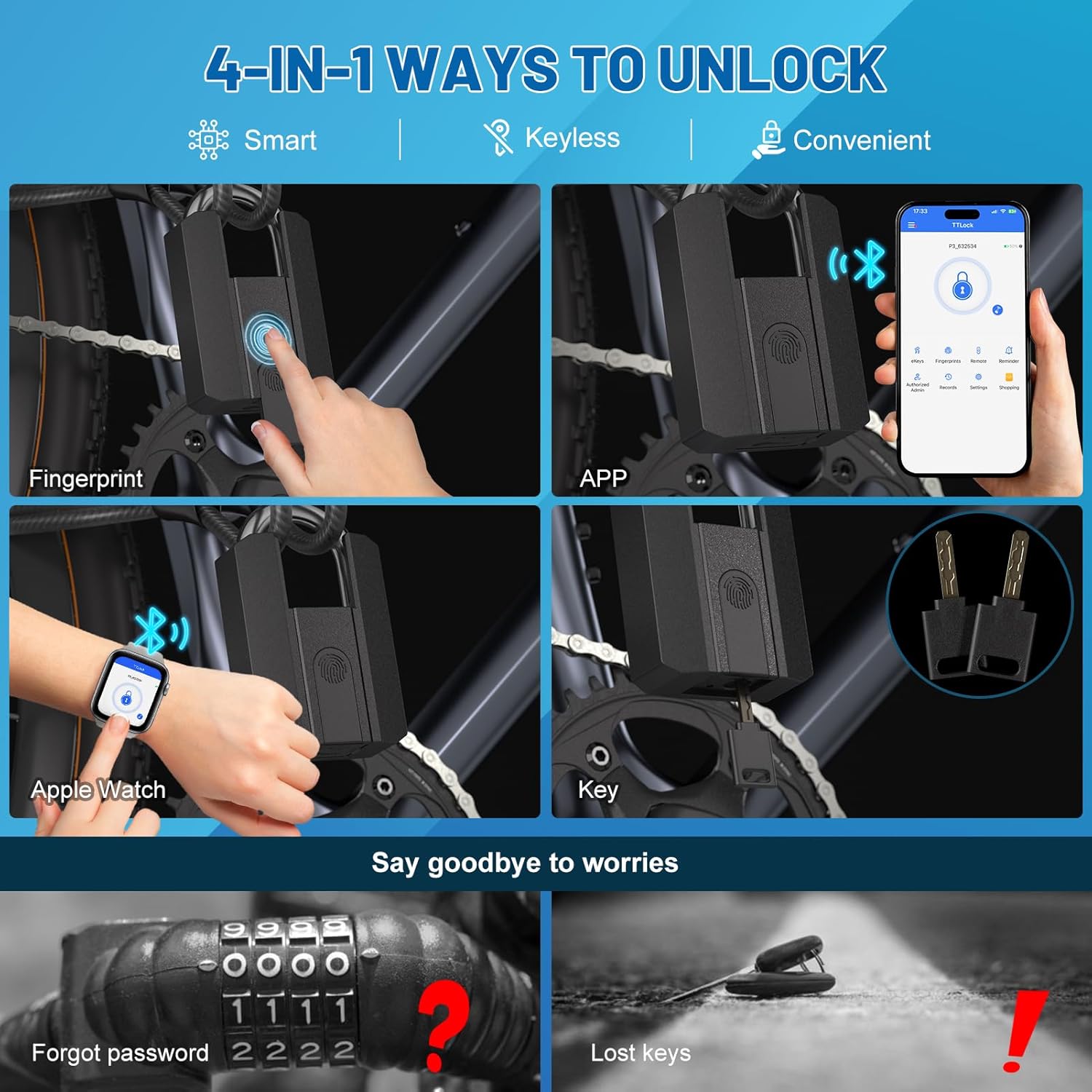 APECYC Smart Fingerprint Bike U Lock Bluetooth Heavy Duty Anti-Theft with 120 cm Steel Cable, USB Rechargeable Bicycle Lock Security Biometric App Control for Bike, Scooter, Motorcycle, E-Bike