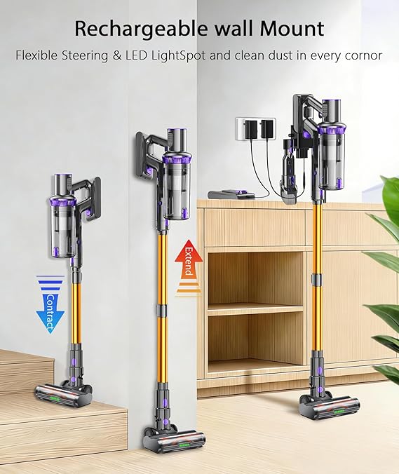Cordless Vacuum Cleaner, 600W 55KPA 60Mins Vacuum Cleaners for Home,Anti-tangle Wireless Vacumm,Rechargeable Vacuum With Green Light,Powerful Stick Vacuum for Carpet/Hardwood Floors,Pet Hair,Purple