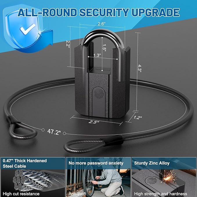 APECYC Smart Fingerprint Bike U Lock Bluetooth Heavy Duty Anti-Theft with 120 cm Steel Cable, USB Rechargeable Bicycle Lock Security Biometric App Control for Bike, Scooter, Motorcycle, E-Bike