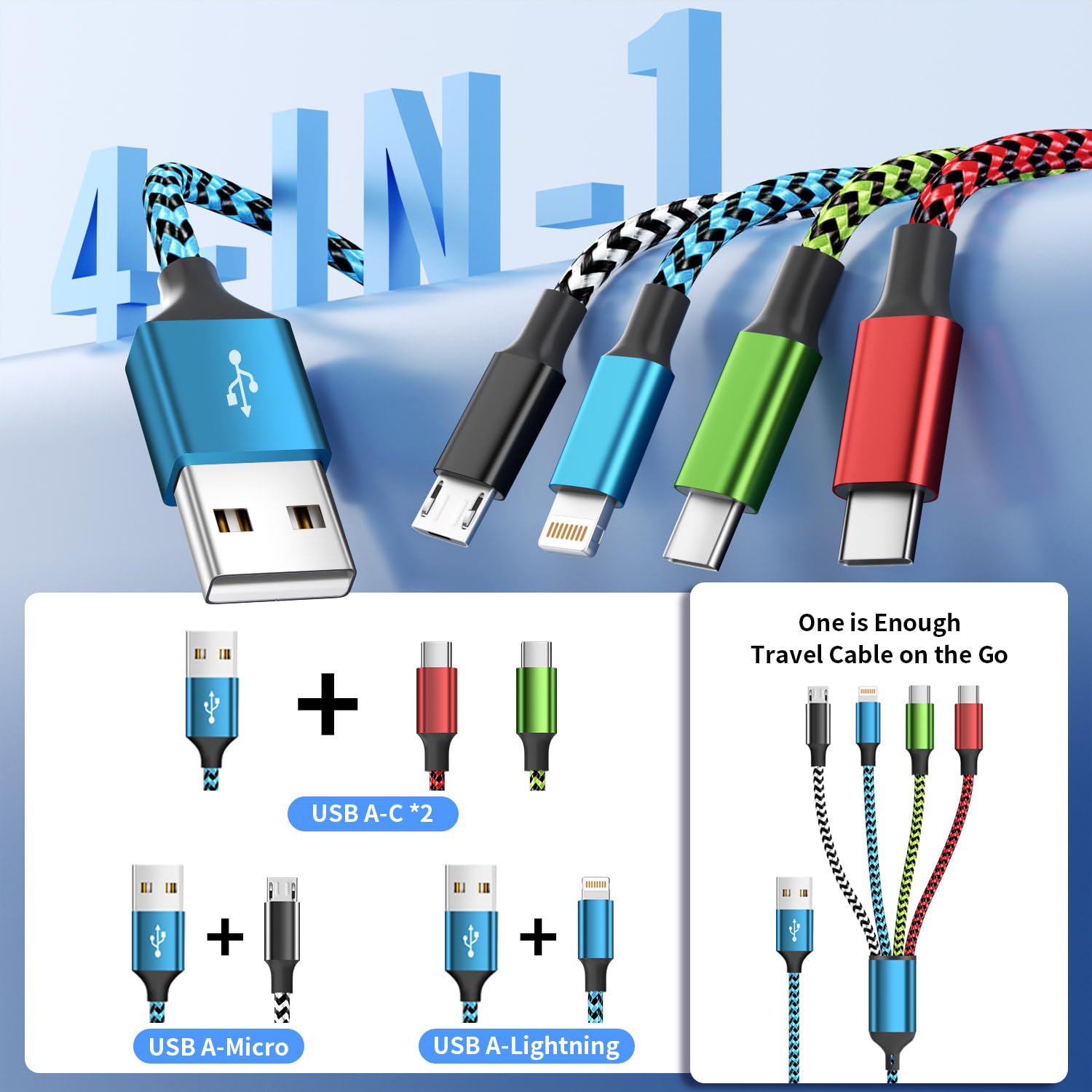 Multi Charging Cable 4ft 2Pack, Doub Tyep-C 4 in 1 Charging cable Nylon Braided Lightning iPhone Charger,Universal Charger Phone Cord With Type-C,Micro USB,IP Port for iPhone17-5/Android -Multicolor