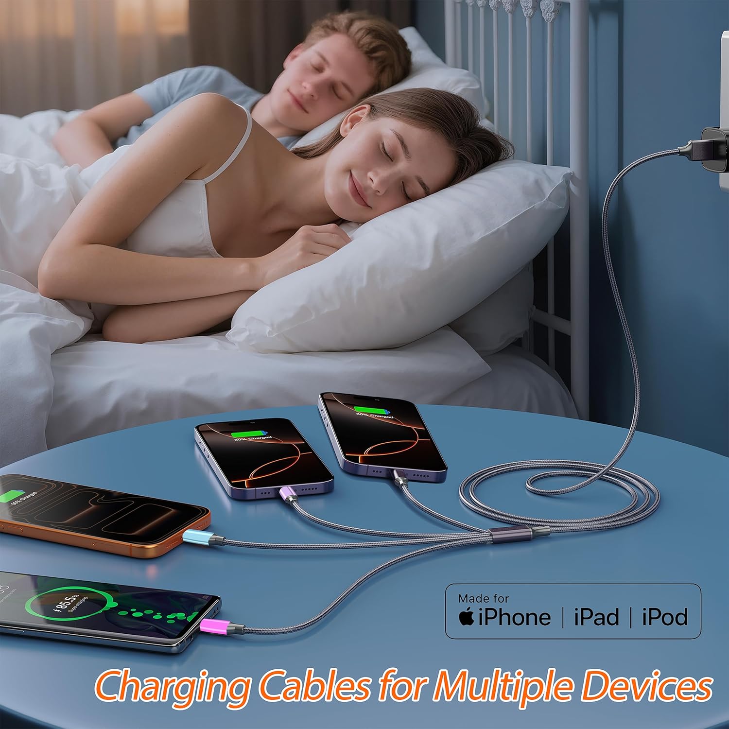 Multi Charging Cable 4ft 2Pack, Doub Tyep-C 4 in 1 Charging cable Nylon Braided Lightning iPhone Charger,Universal Charger Phone Cord With Type-C,Micro USB,IP Port for iPhone17-5/Android -Multicolor