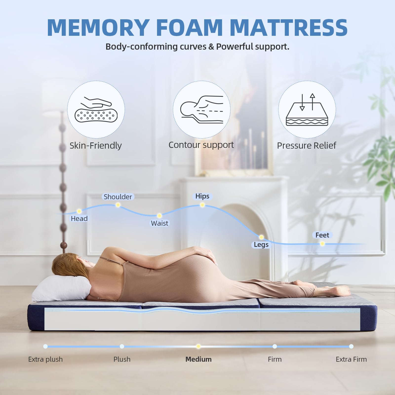 GAIALOOP Floor Memory Foam Car Camping Bed Glamping Roll Up Futon Mattress, Japanese Floor Sleeping Mat Camp Cot Mattress Pad Travel Guest Side Sleepers [Cot: 72 * 24 * 3'']