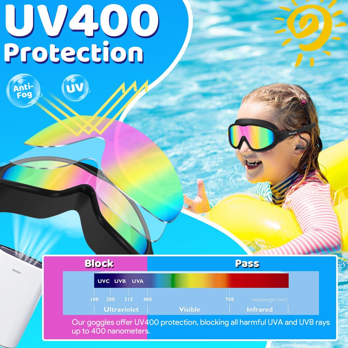 Vvinca Swim Goggles, Kids Goggles with Earplugs&amp; Nose Clip Wide View Anti-Fog/UV Swimming Goggles for Age 3-15 Boys Girls