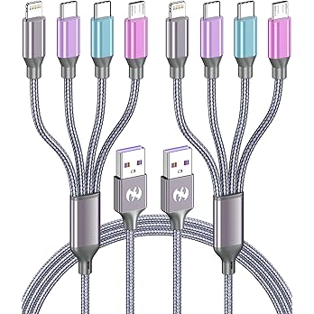 Multi Charging Cable 4ft 2Pack, Doub Tyep-C 4 in 1 Charging cable Nylon Braided Lightning iPhone Charger,Universal Charger Phone Cord With Type-C,Micro USB,IP Port for iPhone17-5/Android -Multicolor