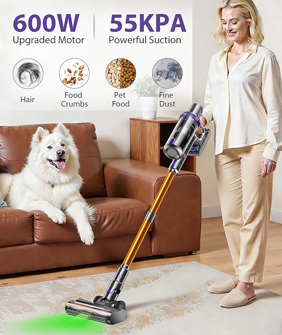Cordless Vacuum Cleaner, 600W 55KPA 60Mins Vacuum Cleaners for Home,Anti-tangle Wireless Vacumm,Rechargeable Vacuum With Green Light,Powerful Stick Vacuum for Carpet/Hardwood Floors,Pet Hair,Purple