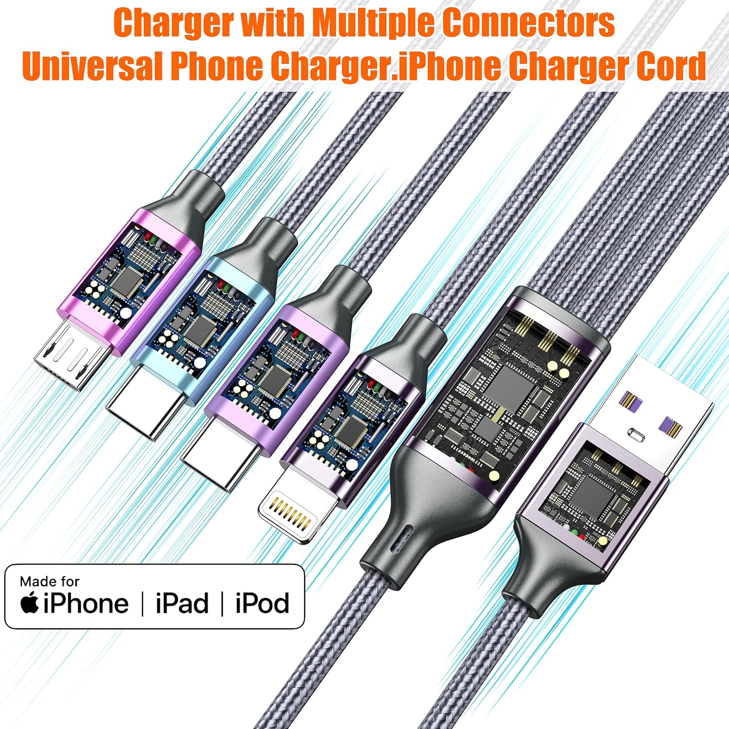 Multi Charging Cable 4ft 2Pack, Doub Tyep-C 4 in 1 Charging cable Nylon Braided Lightning iPhone Charger,Universal Charger Phone Cord With Type-C,Micro USB,IP Port for iPhone17-5/Android -Multicolor