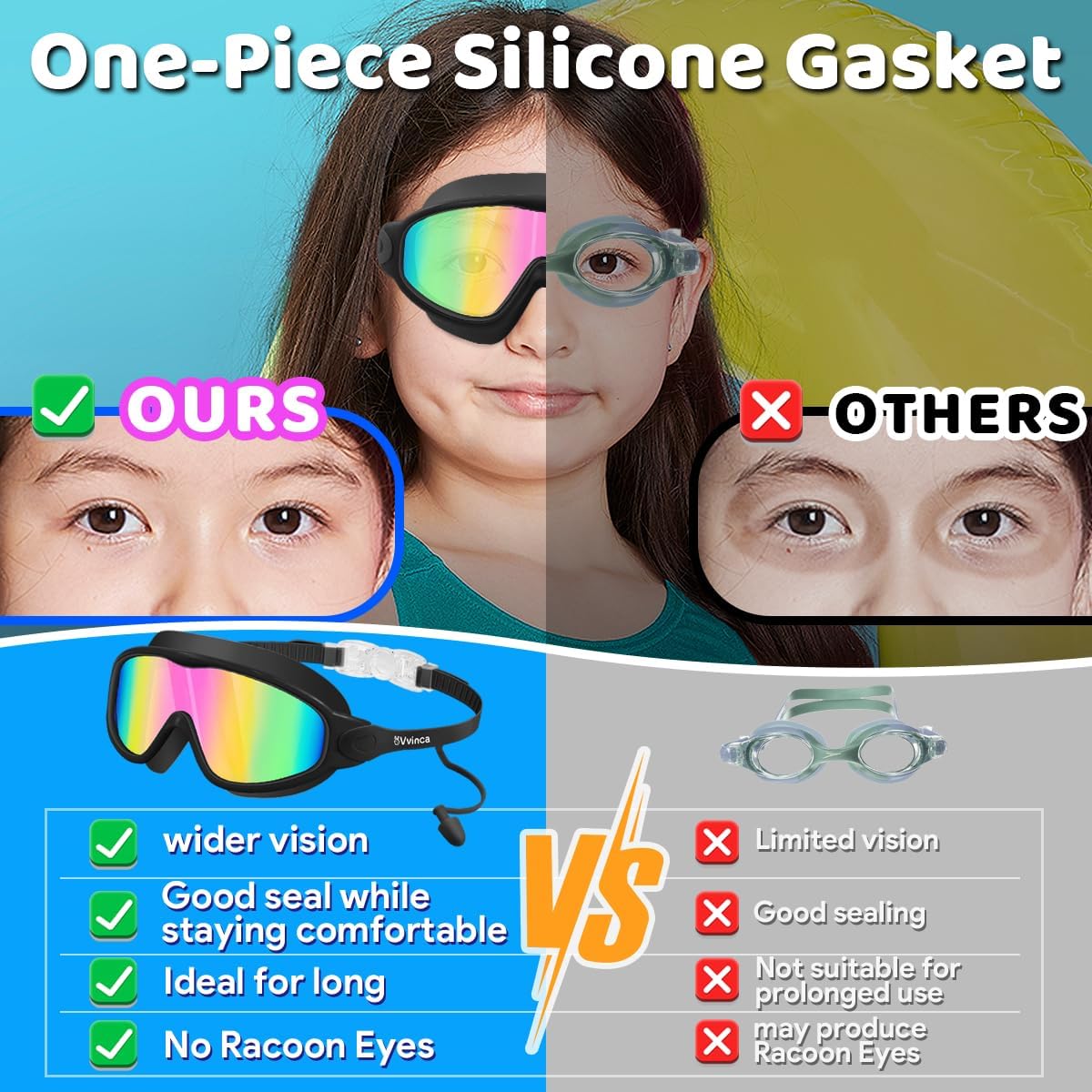 Vvinca Swim Goggles, Kids Goggles with Earplugs&amp; Nose Clip Wide View Anti-Fog/UV Swimming Goggles for Age 3-15 Boys Girls