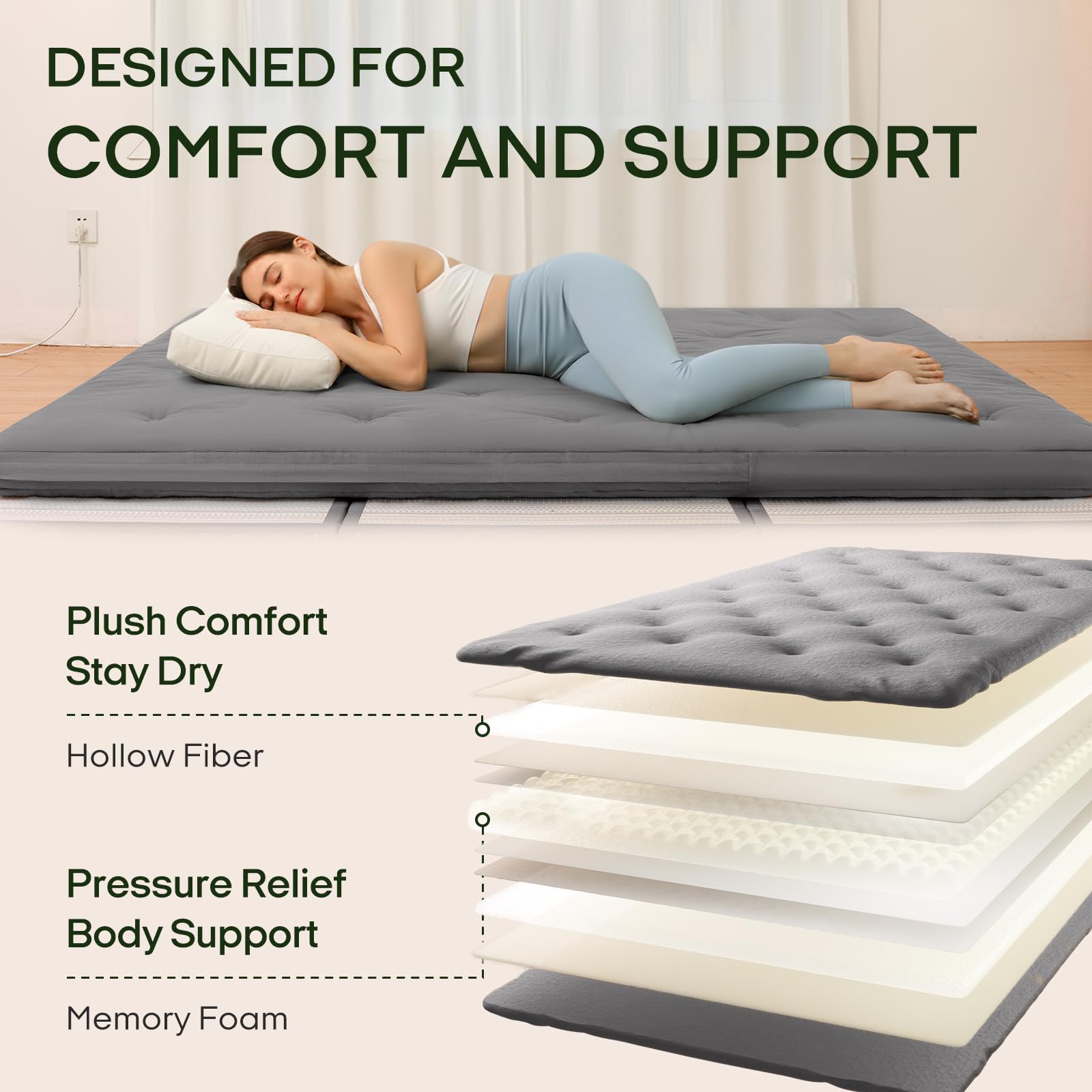 Floor GAIALOOP Memory Foam Car Camping Bed Glamping Roll Up Futon Mattress, Japanese Floor Sleeping Mat Camp Cot Mattress Pad Travel Guest Side Sleepers [Twin XL: 80 * 38 * 3'']