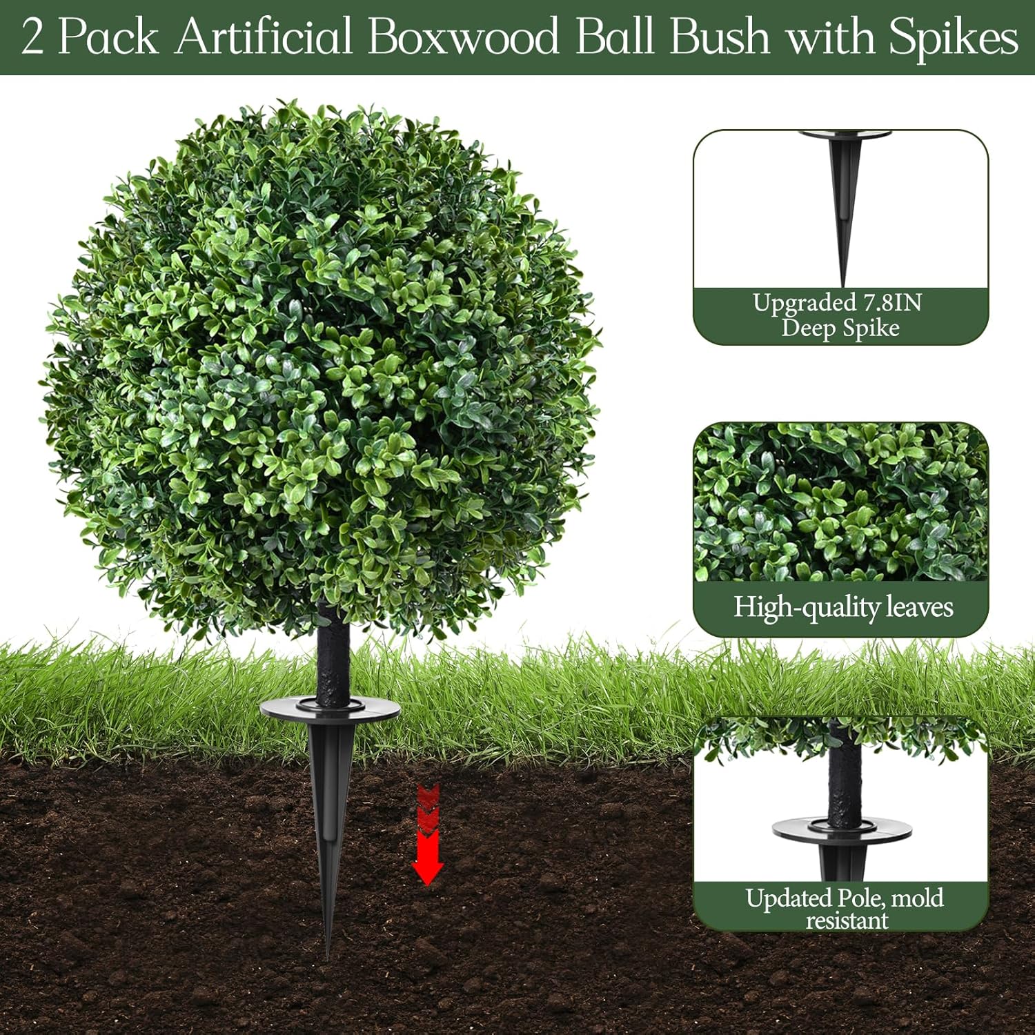Artificial Topiary Bushes for Outdoors with Spike, Boxwood Ball Fake Shrubs UV Resistant Faux Plants for Indoor Outdoor Fall Thanksgiving Halloween Decor (Artificial Topiary Boxwood Ball Tree)