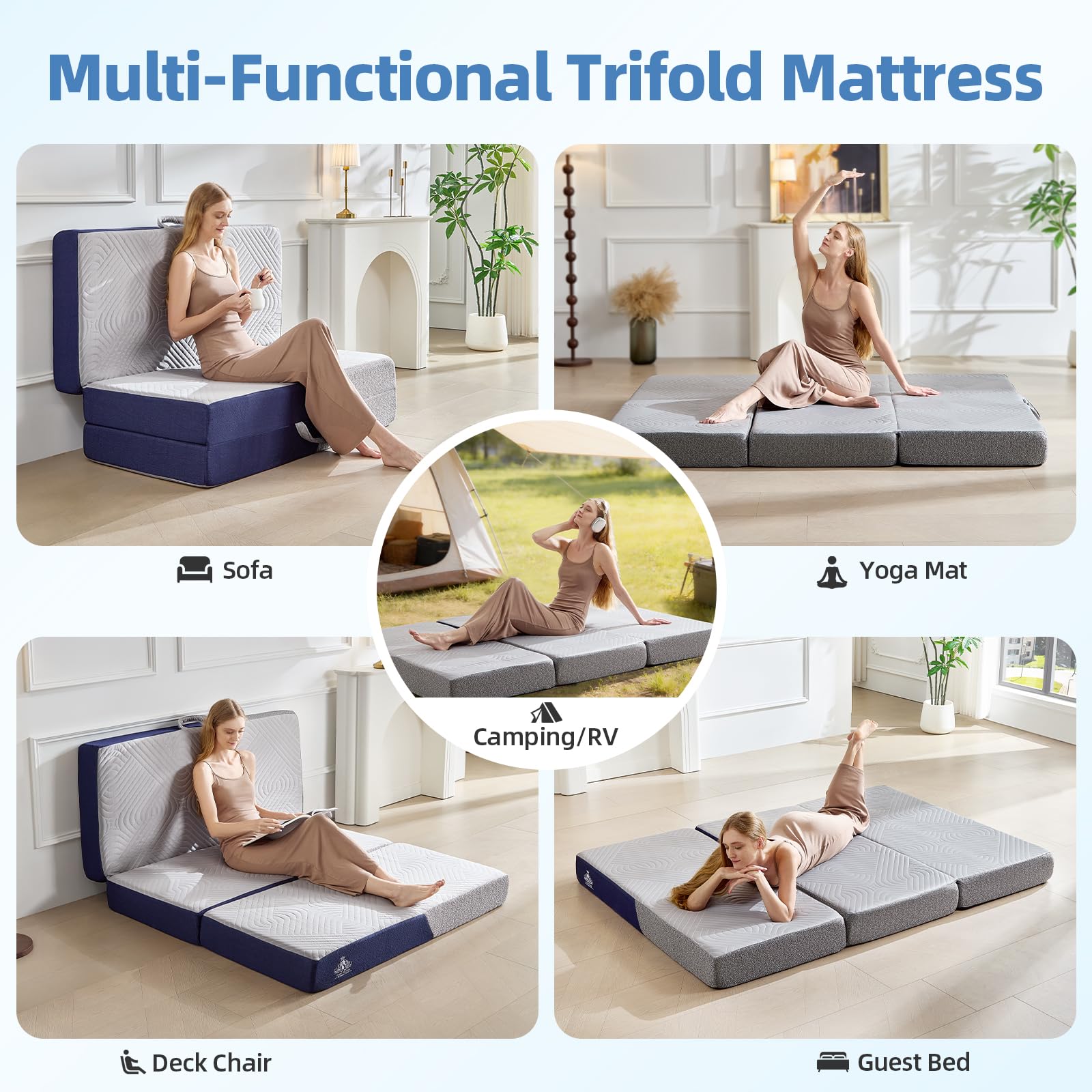 GAIALOOP Floor Memory Foam Car Camping Bed Glamping Roll Up Futon Mattress, Japanese Floor Sleeping Mat Camp Cot Mattress Pad Travel Guest Side Sleepers [Cot: 72 * 24 * 3'']