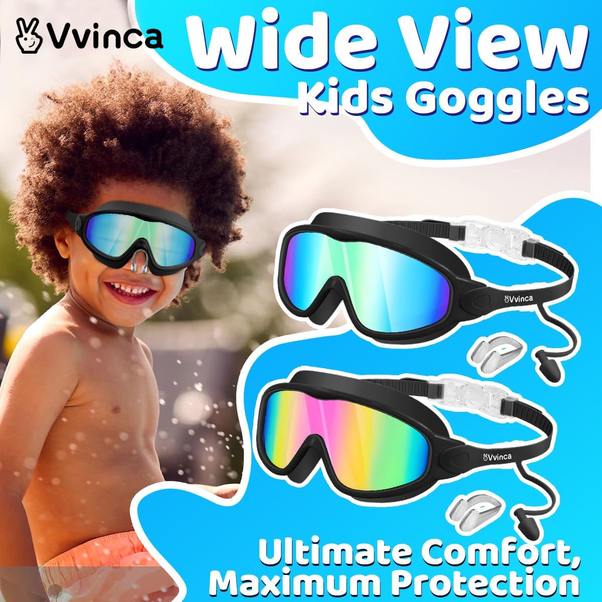 Vvinca Swim Goggles, Kids Goggles with Earplugs&amp; Nose Clip Wide View Anti-Fog/UV Swimming Goggles for Age 3-15 Boys Girls