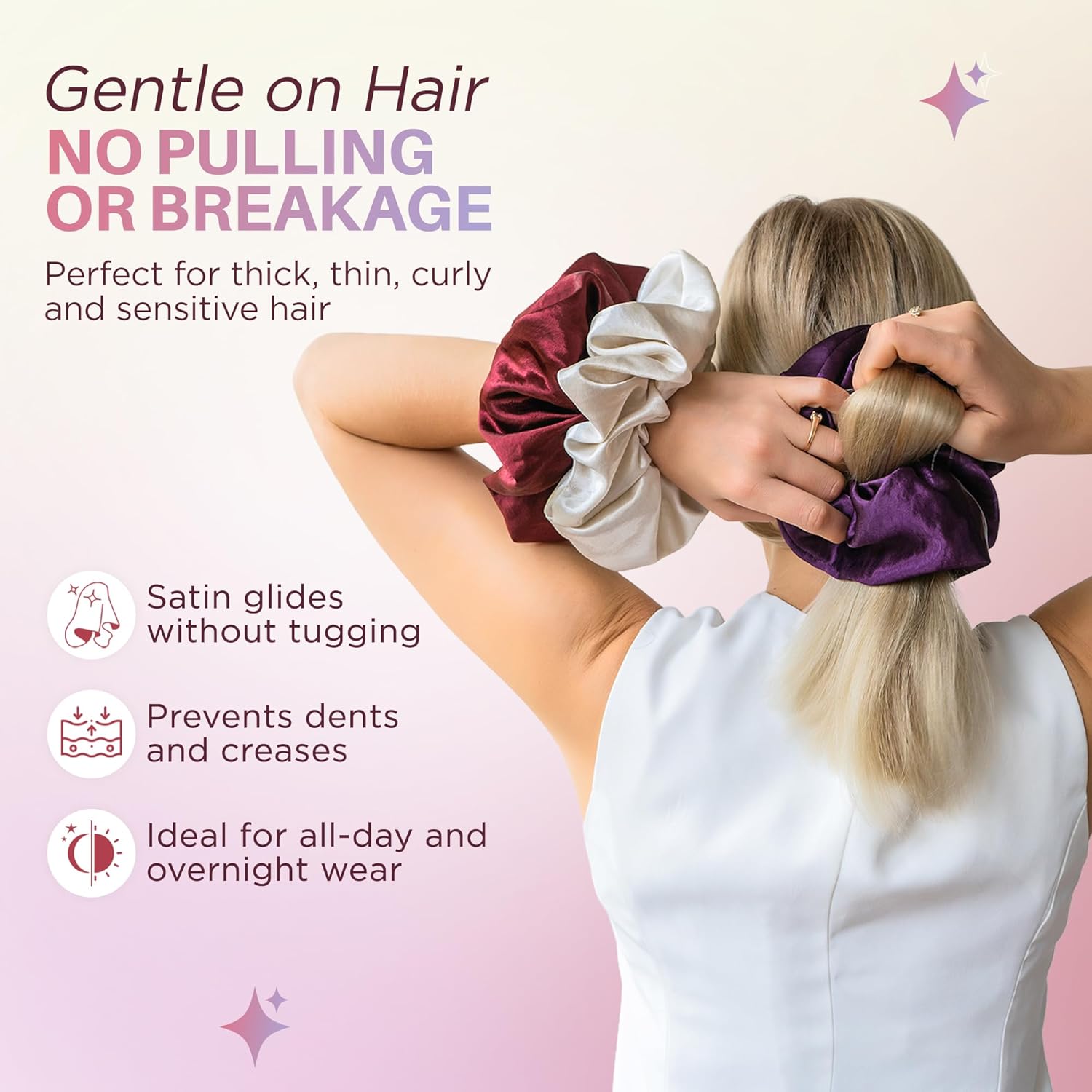 Pearlized Satin Oversized Scrunchies, 3-Pack Shimmer Large Hair Scrunchies for Women, Soft Hair Ties & Ponytail Holders, Ivory, Purple, Burgundy