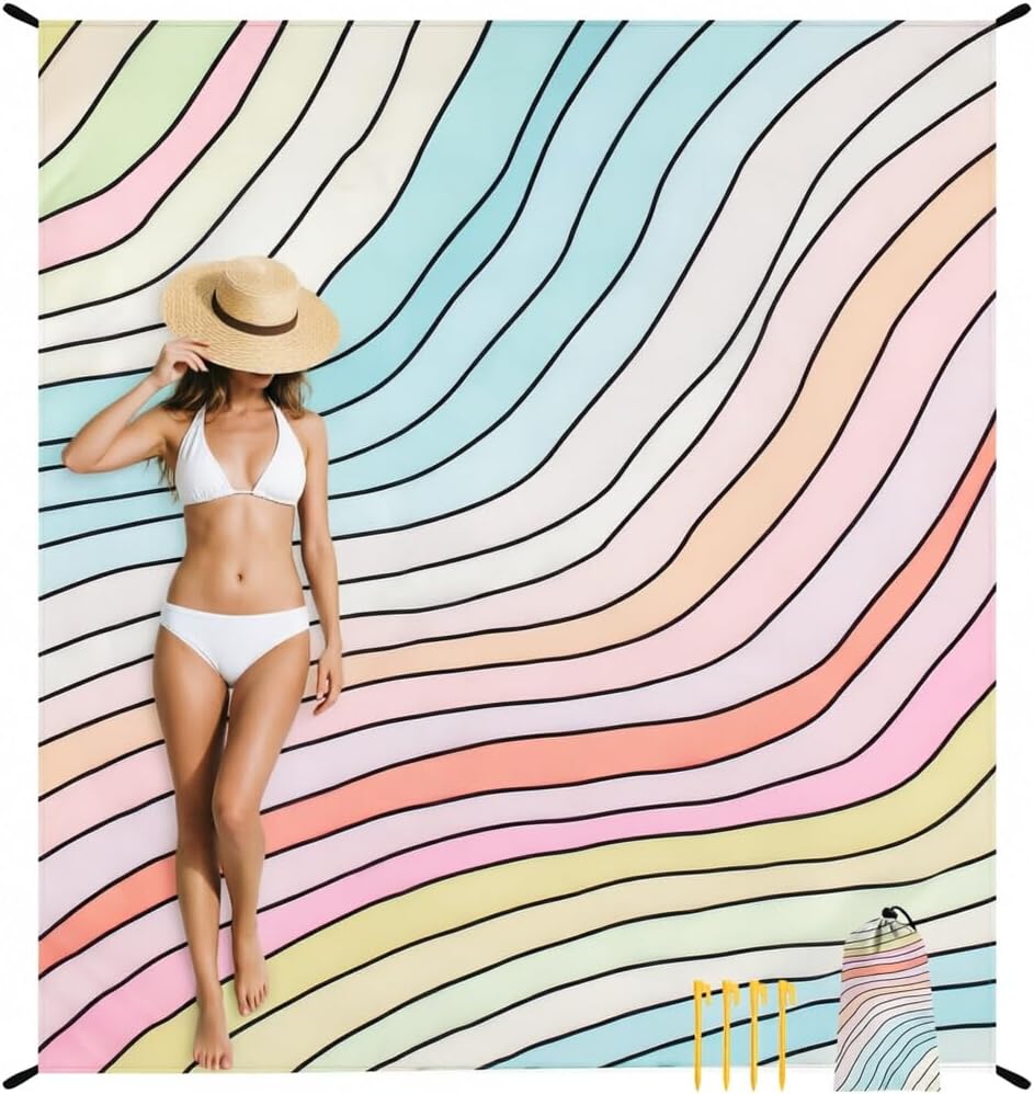 Beach Blanket Sandproof Waterproof, Large Beach Mat for 2-4 Adults with Stakes, Sand Free Compact Lightweight Picnic Blankets, Beach Essentials Necessities Accessories Must Haves-Colorful Rainbow Wave