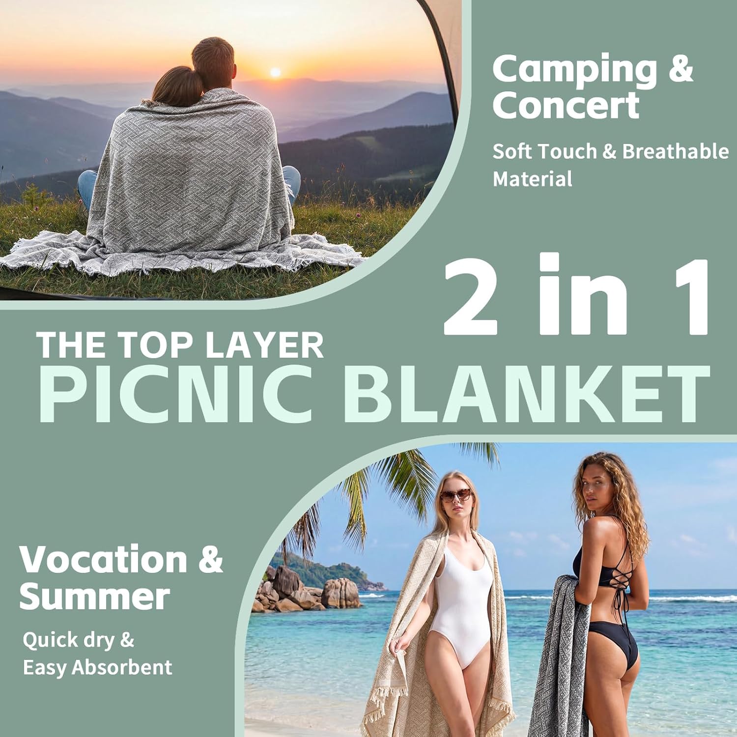 2 in 1 Extra Large Boho Beach Blanket Towel Picnic Camp Mat Family Beach Trip Essentials Summer Vacation Must Have Travel Accessories Lake Day Necessities Stuff Thing Need Gear Gift Item Gadget 2026