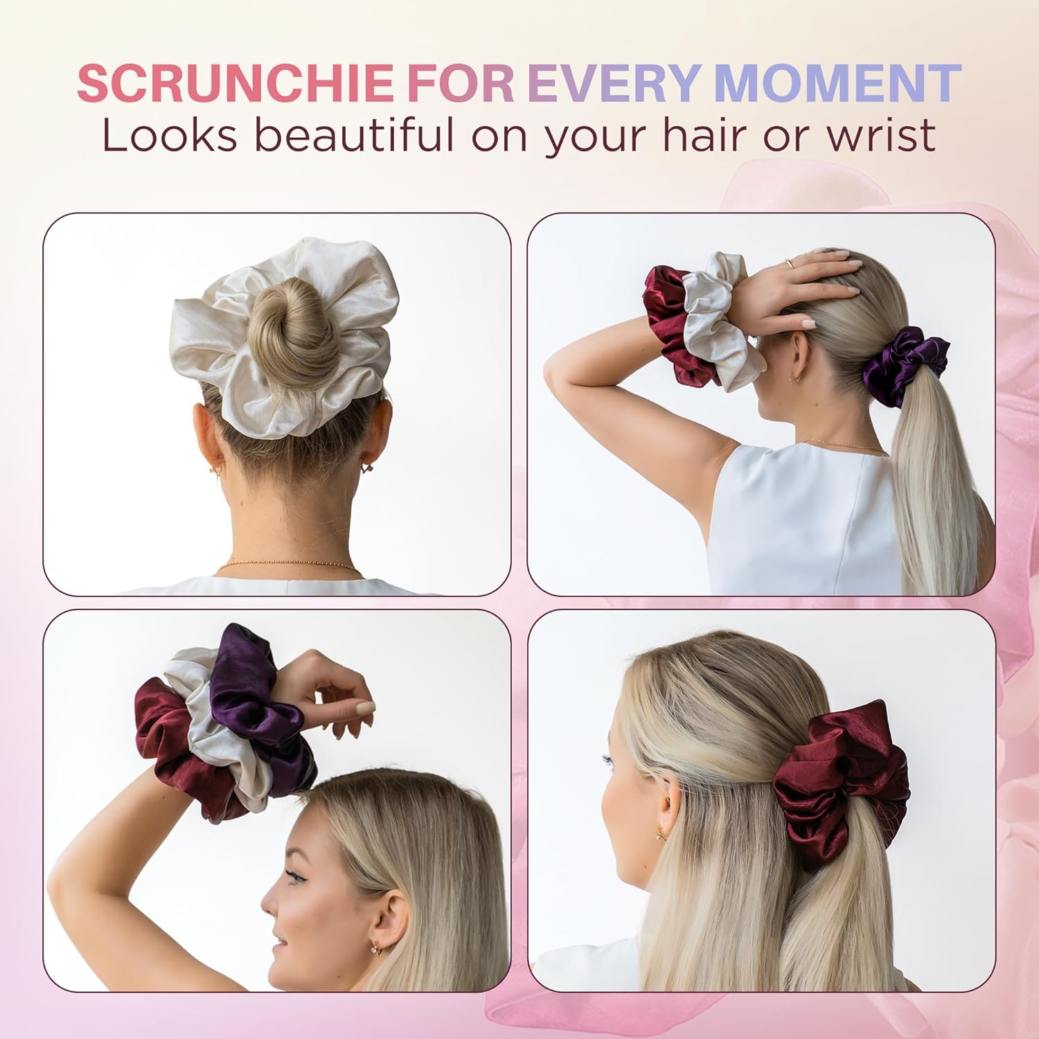 Pearlized Satin Oversized Scrunchies, 3-Pack Shimmer Large Hair Scrunchies for Women, Soft Hair Ties & Ponytail Holders, Ivory, Purple, Burgundy