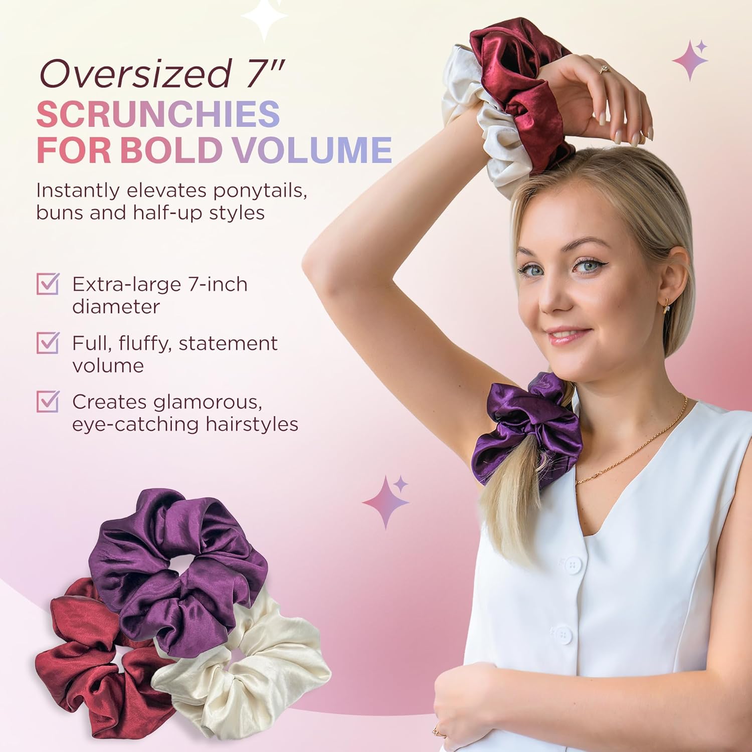 Pearlized Satin Oversized Scrunchies, 3-Pack Shimmer Large Hair Scrunchies for Women, Soft Hair Ties & Ponytail Holders, Ivory, Purple, Burgundy