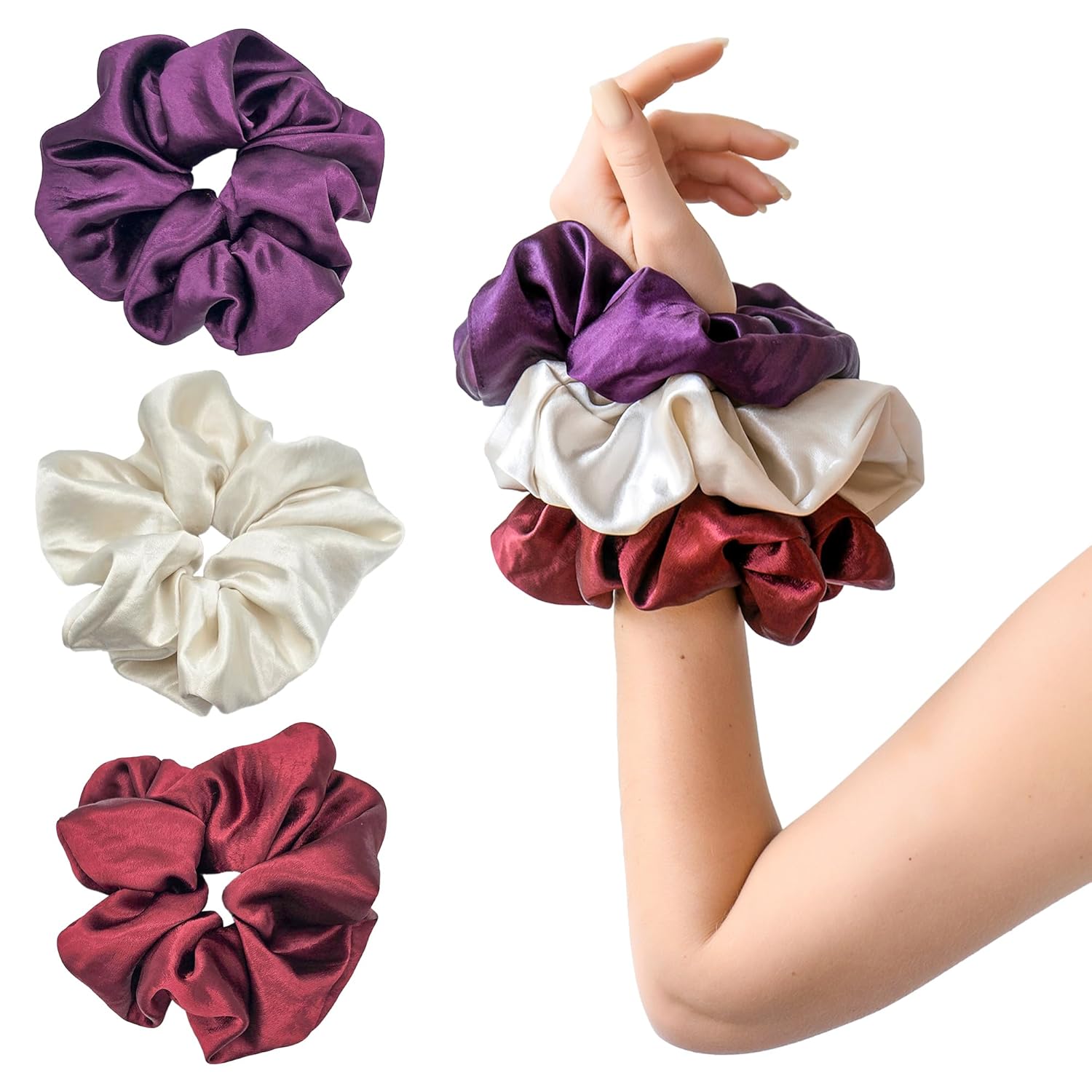 Pearlized Satin Oversized Scrunchies, 3-Pack Shimmer Large Hair Scrunchies for Women, Soft Hair Ties & Ponytail Holders, Ivory, Purple, Burgundy