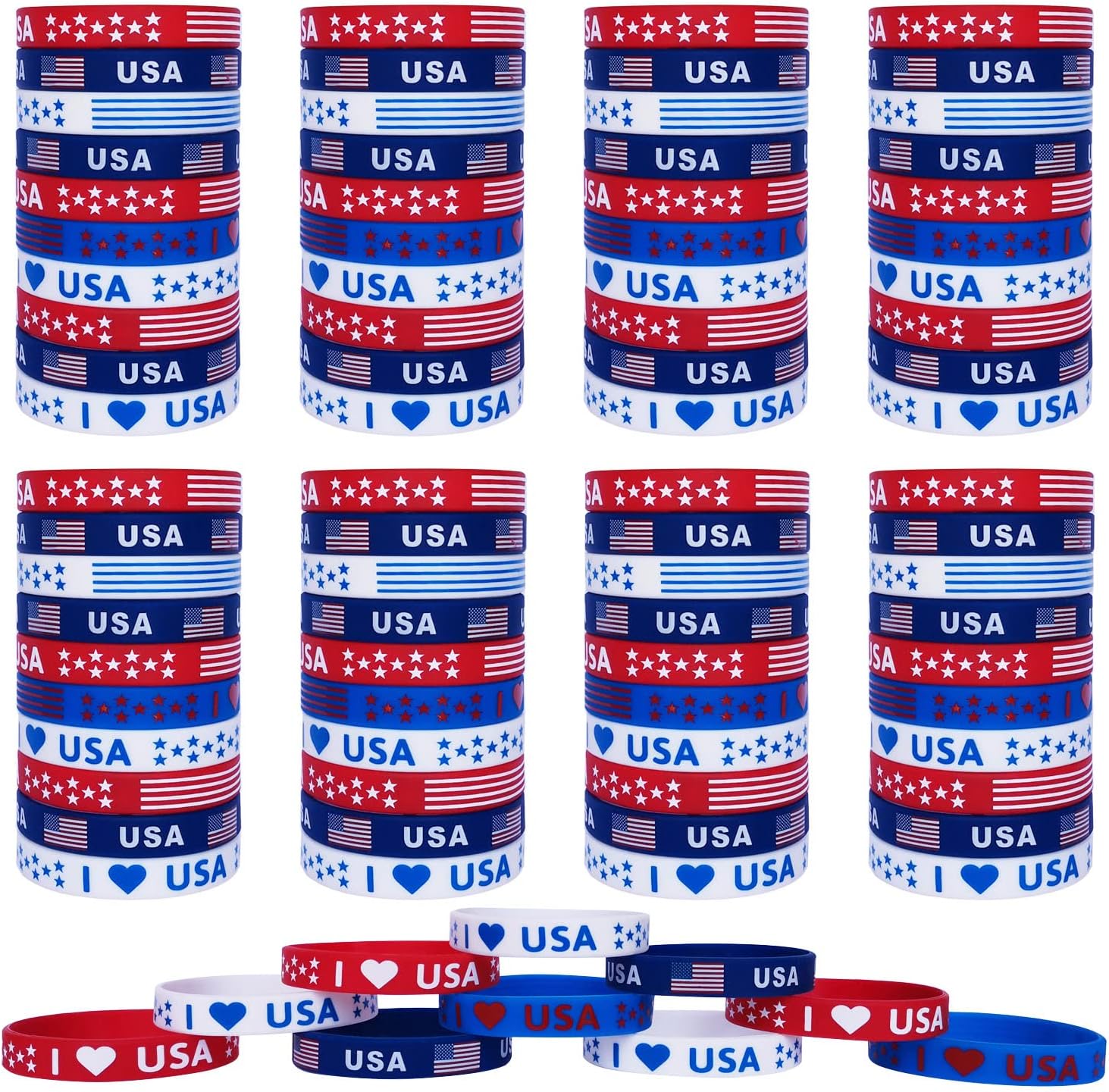 JAKADYUKS 100Pcs American Flag Silicone Bracelets - Patriotic Wristbands for Holiday Party Favors