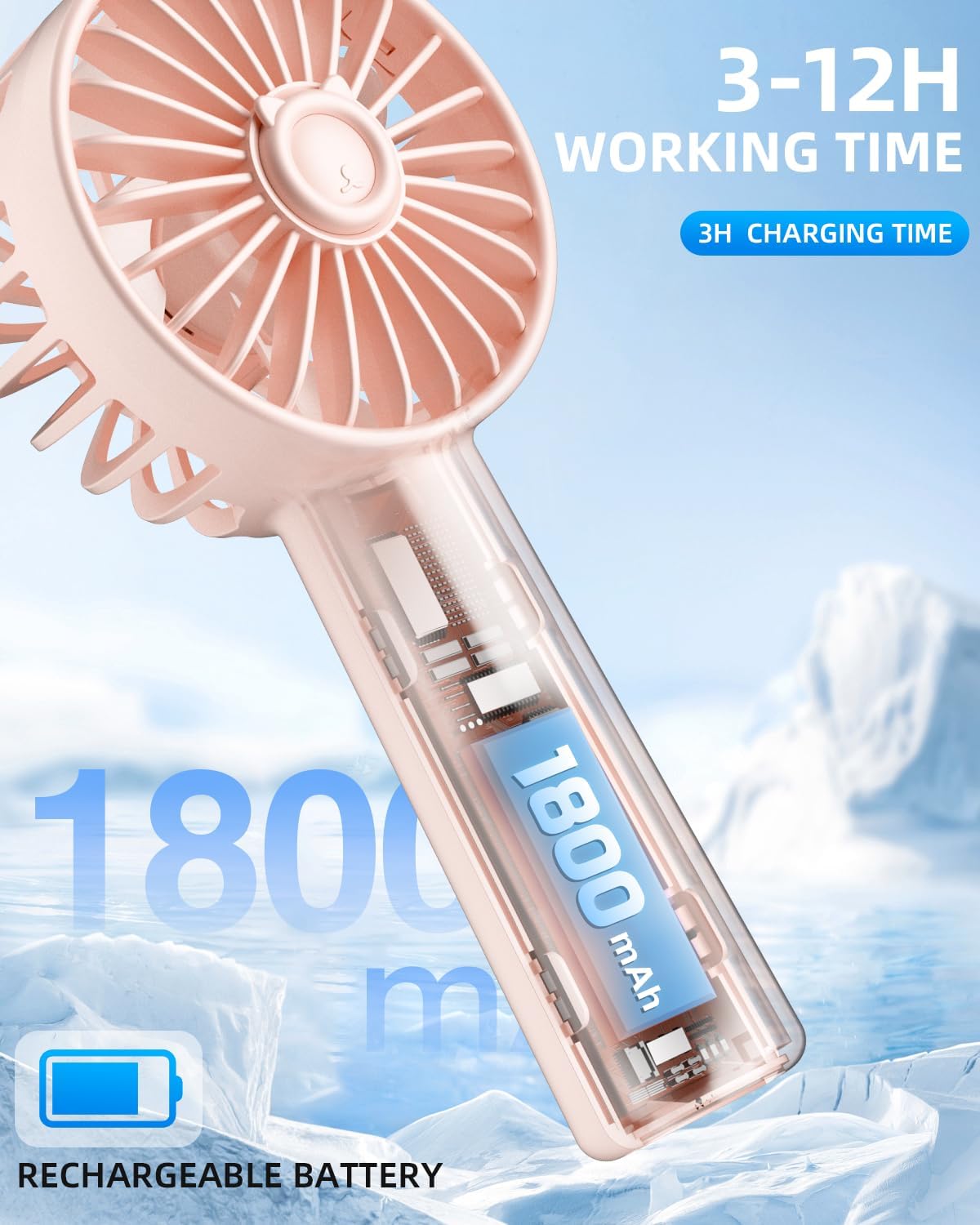Handheld Fan, Portable Mini Fan 3 Speeds, 1800mAh Personal Small Hand Fans Battery Operated for Makeup Eyelash, USB Rechargeable, Travel Gifts for Stylish Girls Women Kids