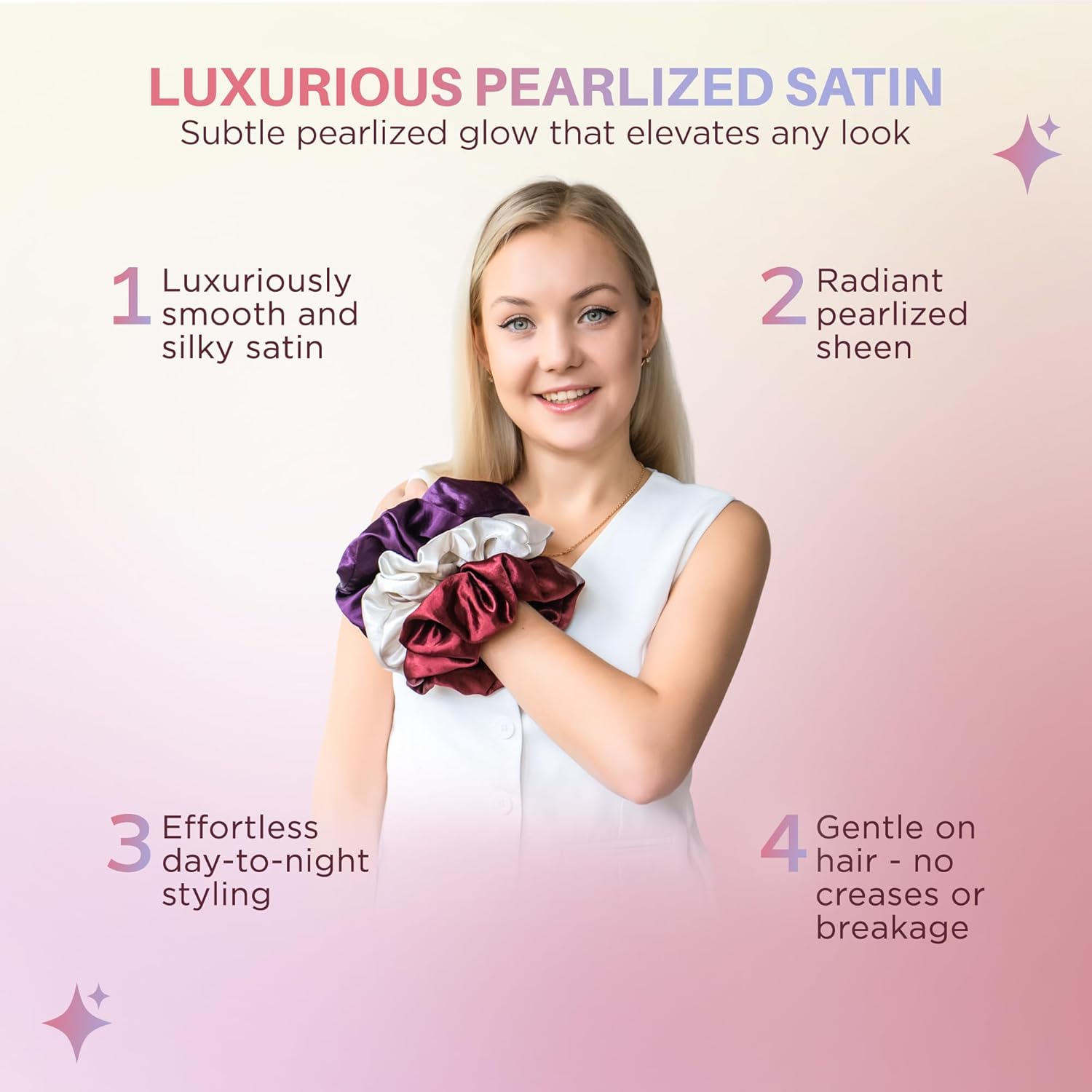 Pearlized Satin Oversized Scrunchies, 3-Pack Shimmer Large Hair Scrunchies for Women, Soft Hair Ties & Ponytail Holders, Ivory, Purple, Burgundy
