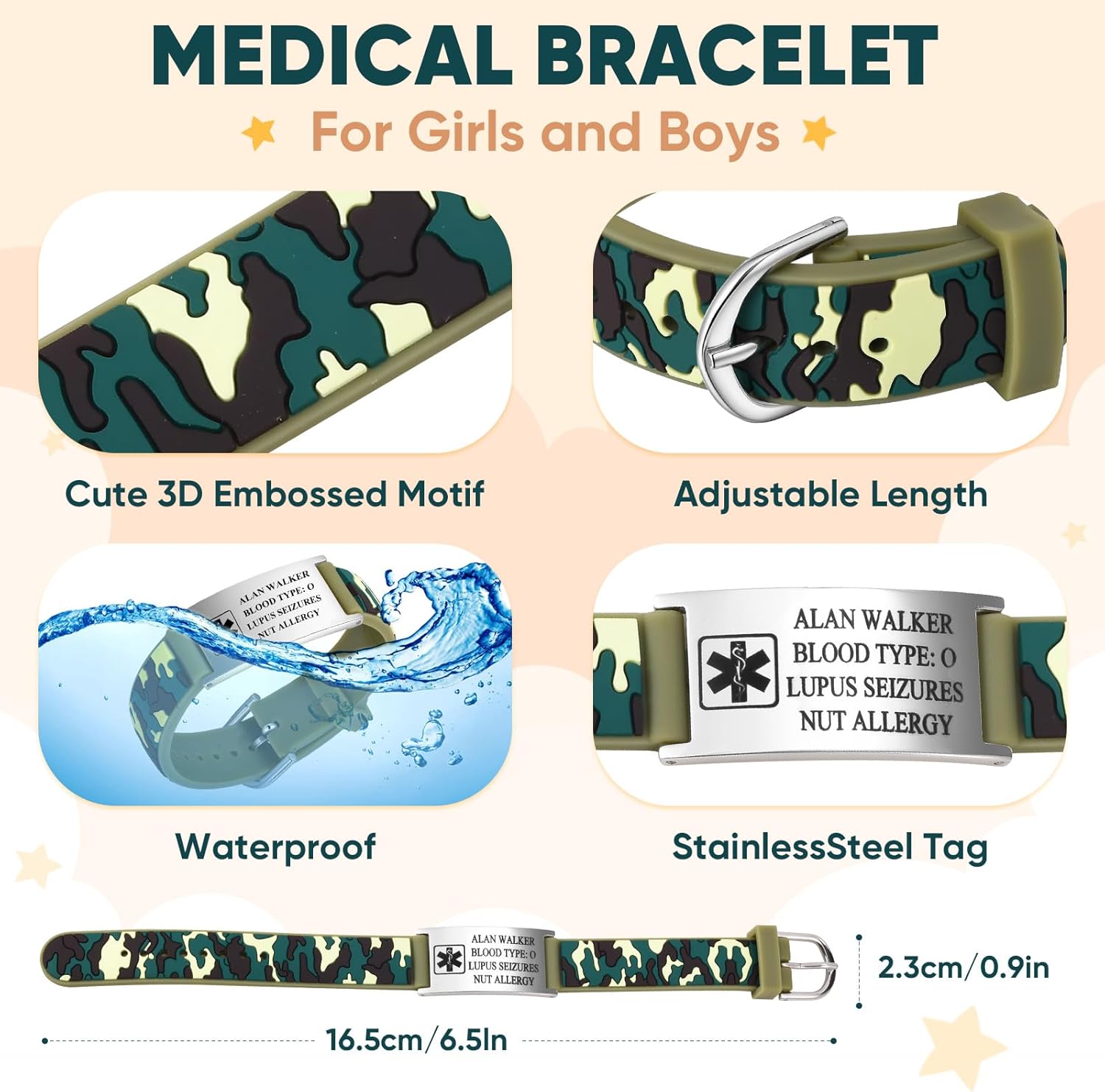 Gamtic Personalized Medical Alert Bracelet for Kids Customized Children Silicone Stainless Steel Bracelets Waterproof Engraved Bracelet Cute Safety ID Wristband for Toddler,Child,Daughter,Son