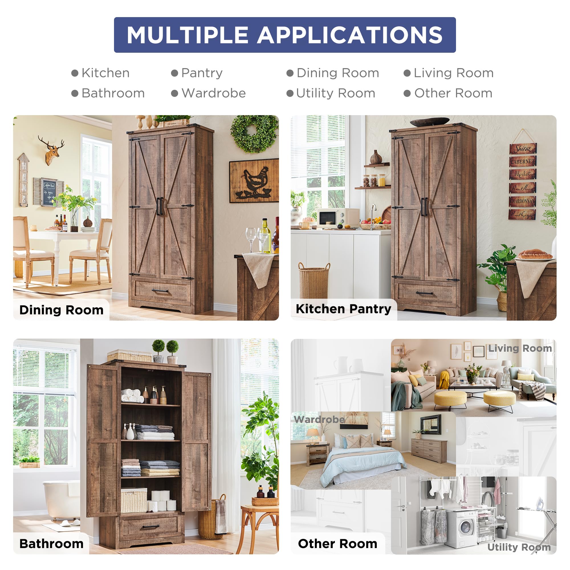 Farmhouse Kitchen Pantry Cabinet - 72" Tall Wood Kitchen Storage Cabinets with Adjustable Shelves & 2 Barn Doors & Drawer, Versatile Storage for Dining Room, Bathroom