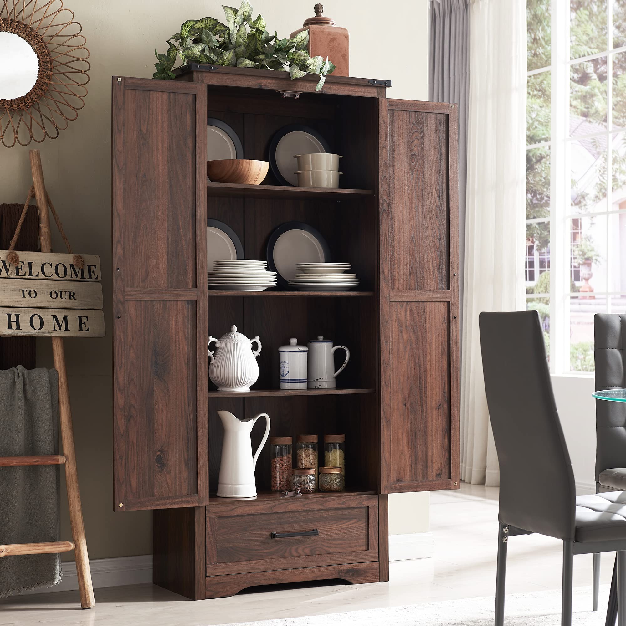 改JXQTLINGMU Farmhouse Kitchen Pantry Cabinet - 72" Tall Wood Kitchen Storage Cabinets with Adjustable Shelves &amp; 2 Barn Doors &amp; Drawer, Versatile Storage for Dining Room, Bathroom, Antique White