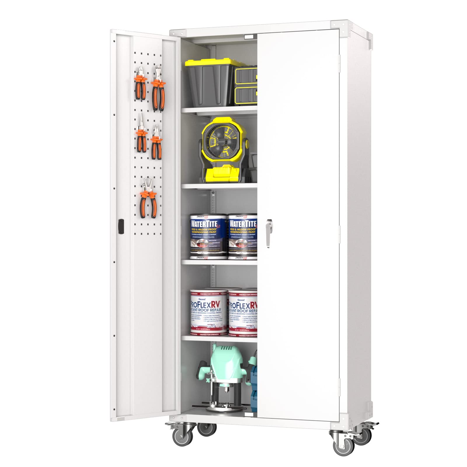 Garage Storage Cabinet with Wheels,72" Metal Storage Cabinet with 2 Doors and 4 Adjustable Shelves, Lockable Rolling Cabinet,Home Office Metal Utility Cabinet for Garage,Assembly Required