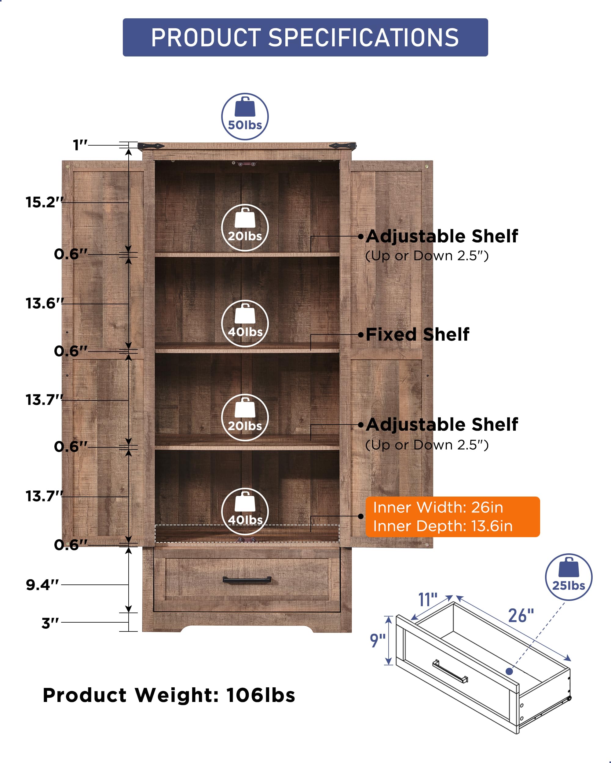 Farmhouse Kitchen Pantry Cabinet - 72" Tall Wood Kitchen Storage Cabinets with Adjustable Shelves & 2 Barn Doors & Drawer, Versatile Storage for Dining Room, Bathroom