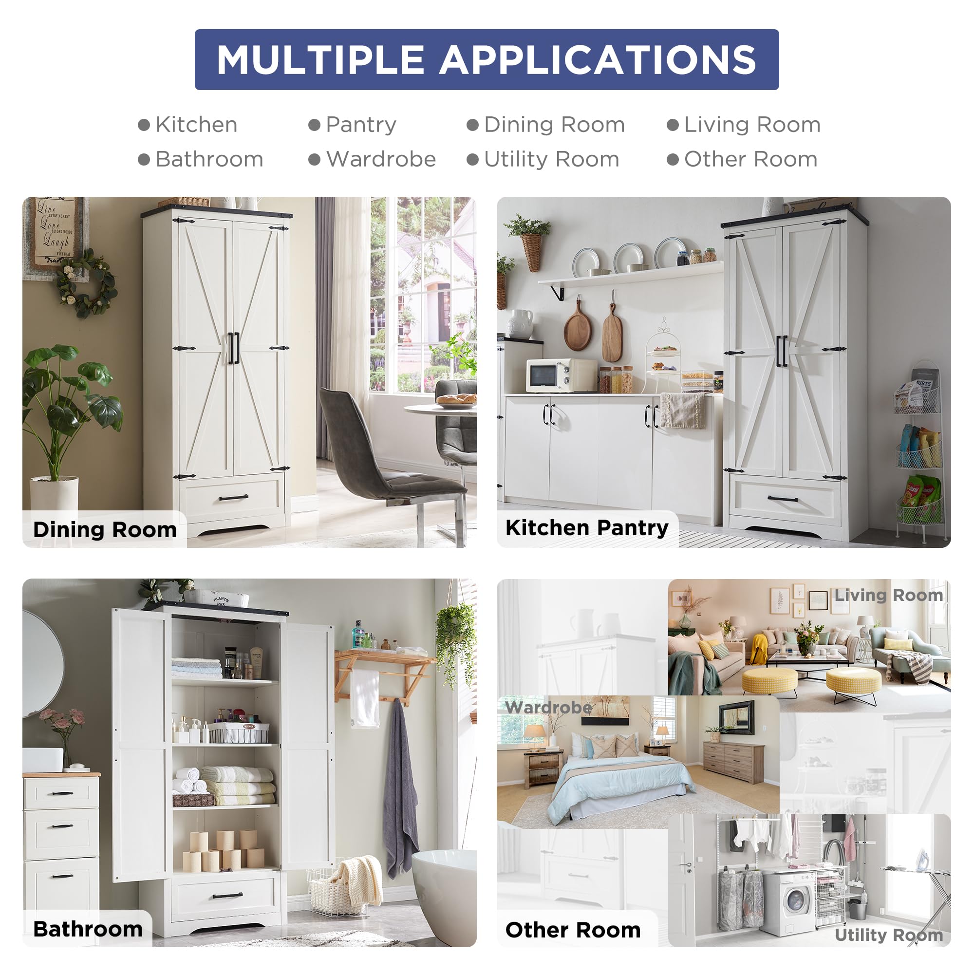 改JXQTLINGMU Farmhouse Kitchen Pantry Cabinet - 72" Tall Wood Kitchen Storage Cabinets with Adjustable Shelves &amp; 2 Barn Doors &amp; Drawer, Versatile Storage for Dining Room, Bathroom, Antique White