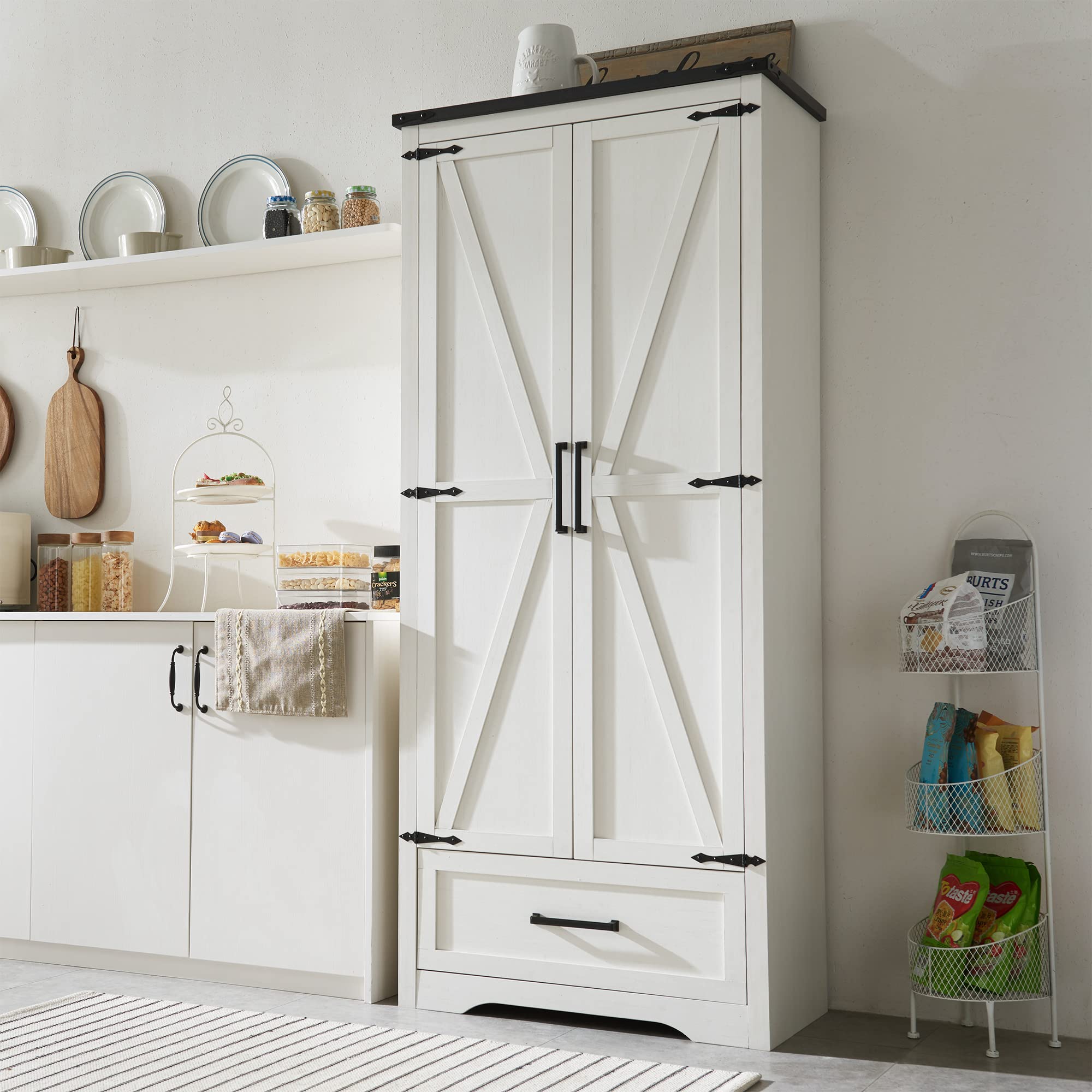 改JXQTLINGMU Farmhouse Kitchen Pantry Cabinet - 72" Tall Wood Kitchen Storage Cabinets with Adjustable Shelves &amp; 2 Barn Doors &amp; Drawer, Versatile Storage for Dining Room, Bathroom, Antique White