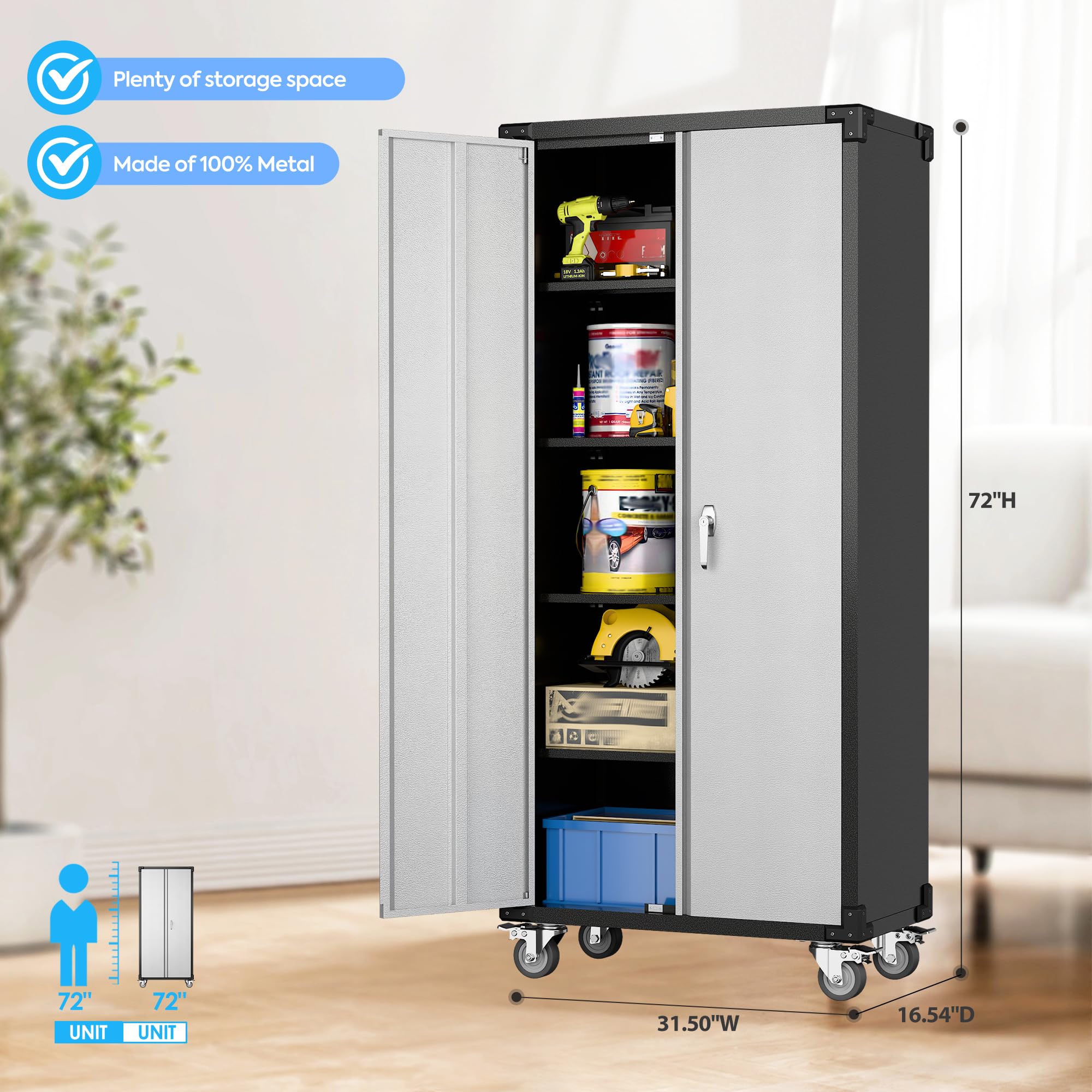 Garage Storage Cabinet with Wheels,72" Metal Storage Cabinet with 2 Doors and 4 Adjustable Shelves, Lockable Rolling Cabinet,Home Office Metal Utility Cabinet for Garage,Assembly Required
