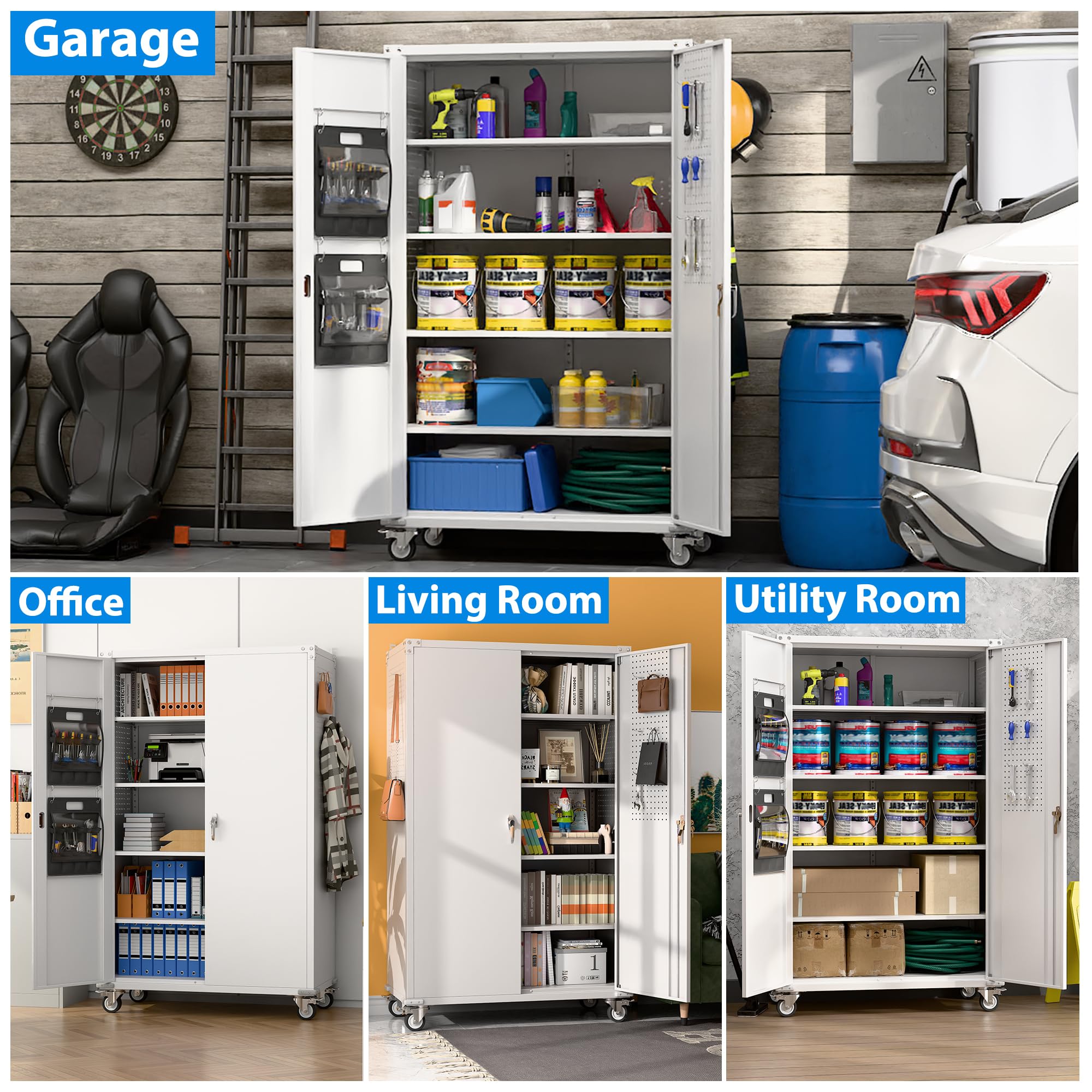 改Garage Storage Cabinet with Wheels,72" Metal Storage Cabinet with 2 Doors and 4 Adjustable Shelves, Lockable Rolling Cabinet,Home Office Metal Utility Cabinet for Garage,Assembly Required