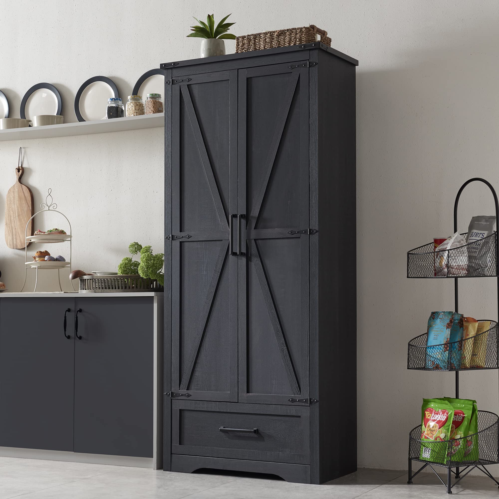 Farmhouse Kitchen Pantry Cabinet - 72" Tall Wood Kitchen Storage Cabinets with Adjustable Shelves & 2 Barn Doors & Drawer, Versatile Storage for Dining Room, Bathroom